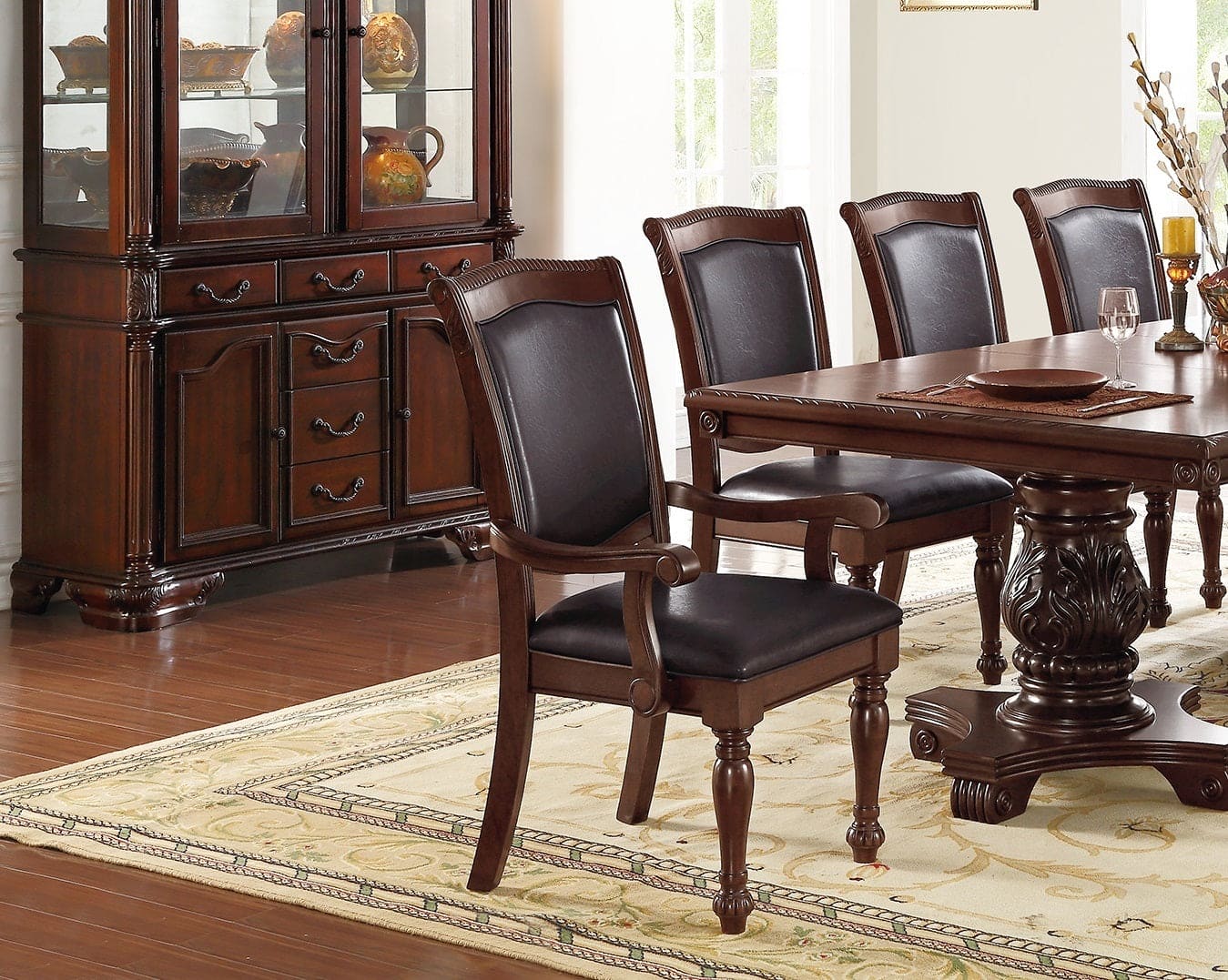 Royal Majestic Formal Set of 2 Arm Chairs Brown Color Rubberwood Dining Room Furniture Faux Leather Upholstered Seat