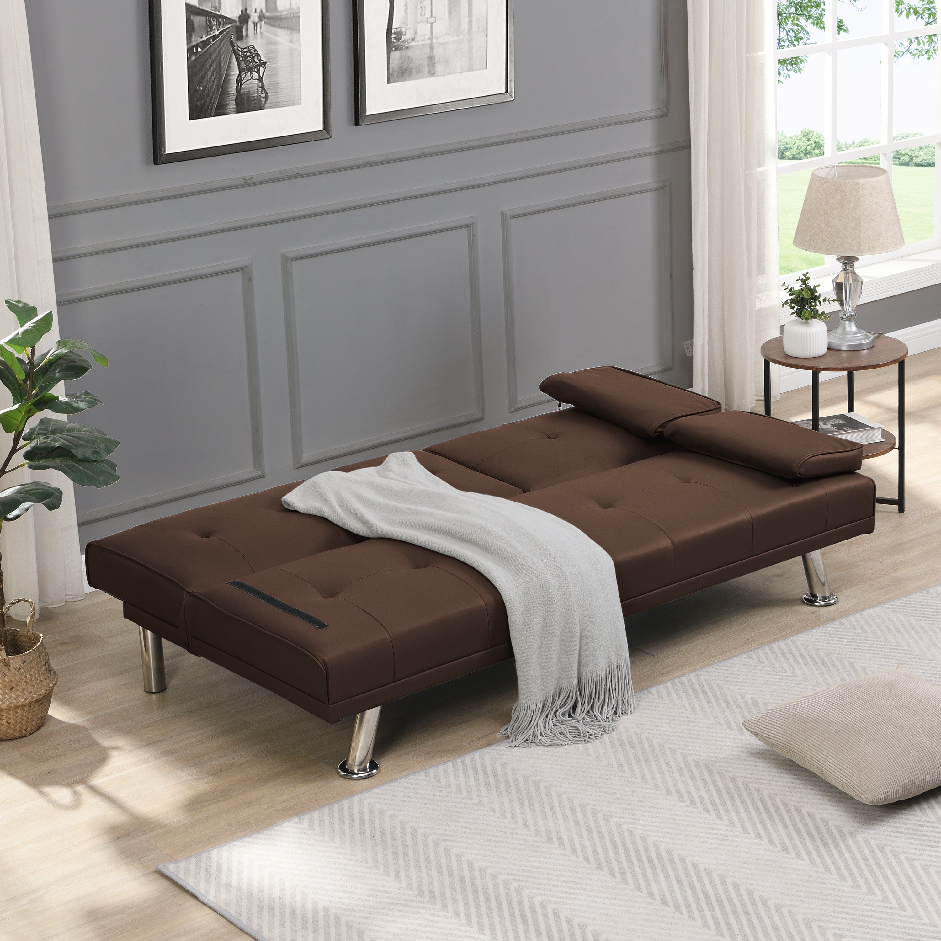 Sofa Bed with Armrest two holders  WOOD FRAME, STAINLESS LEG, FUTON BROWN  PVC