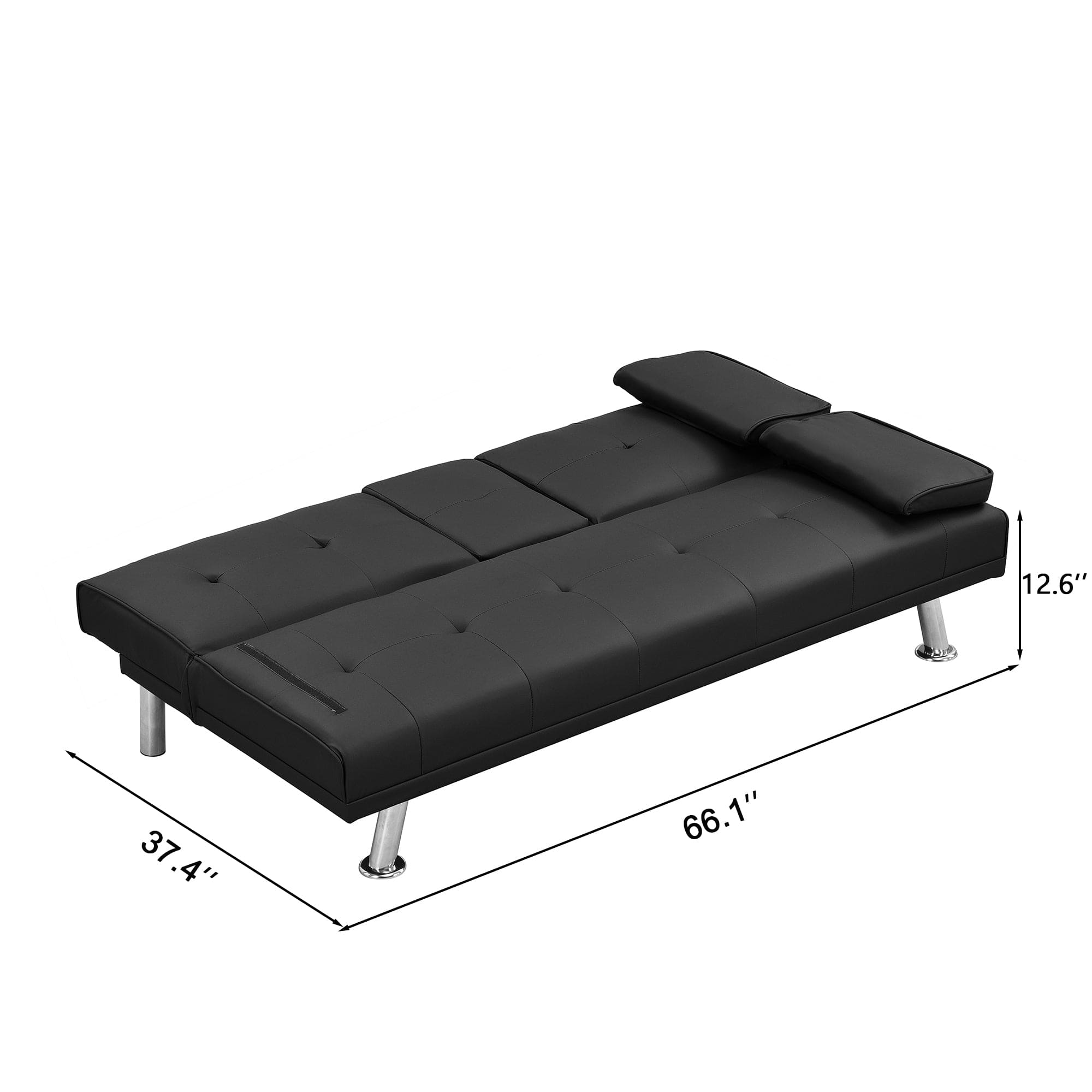 Sofa Bed with Armrest two holders  WOOD FRAME, STAINLESS LEG, FUTON BLACK  PVC