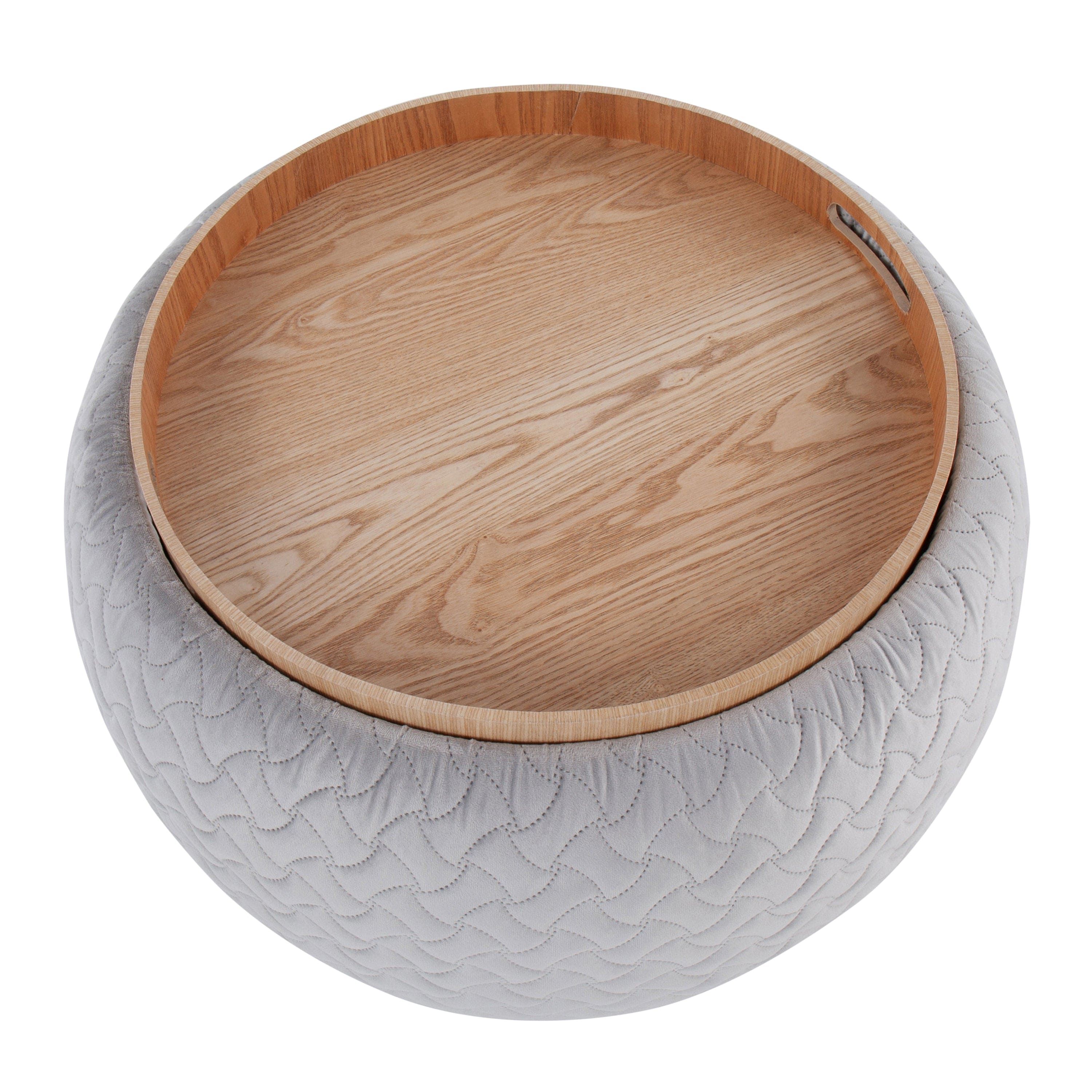 Tray Pouf Contemporary Ottoman in Natural Wood and Silver Velvet by LumiSource