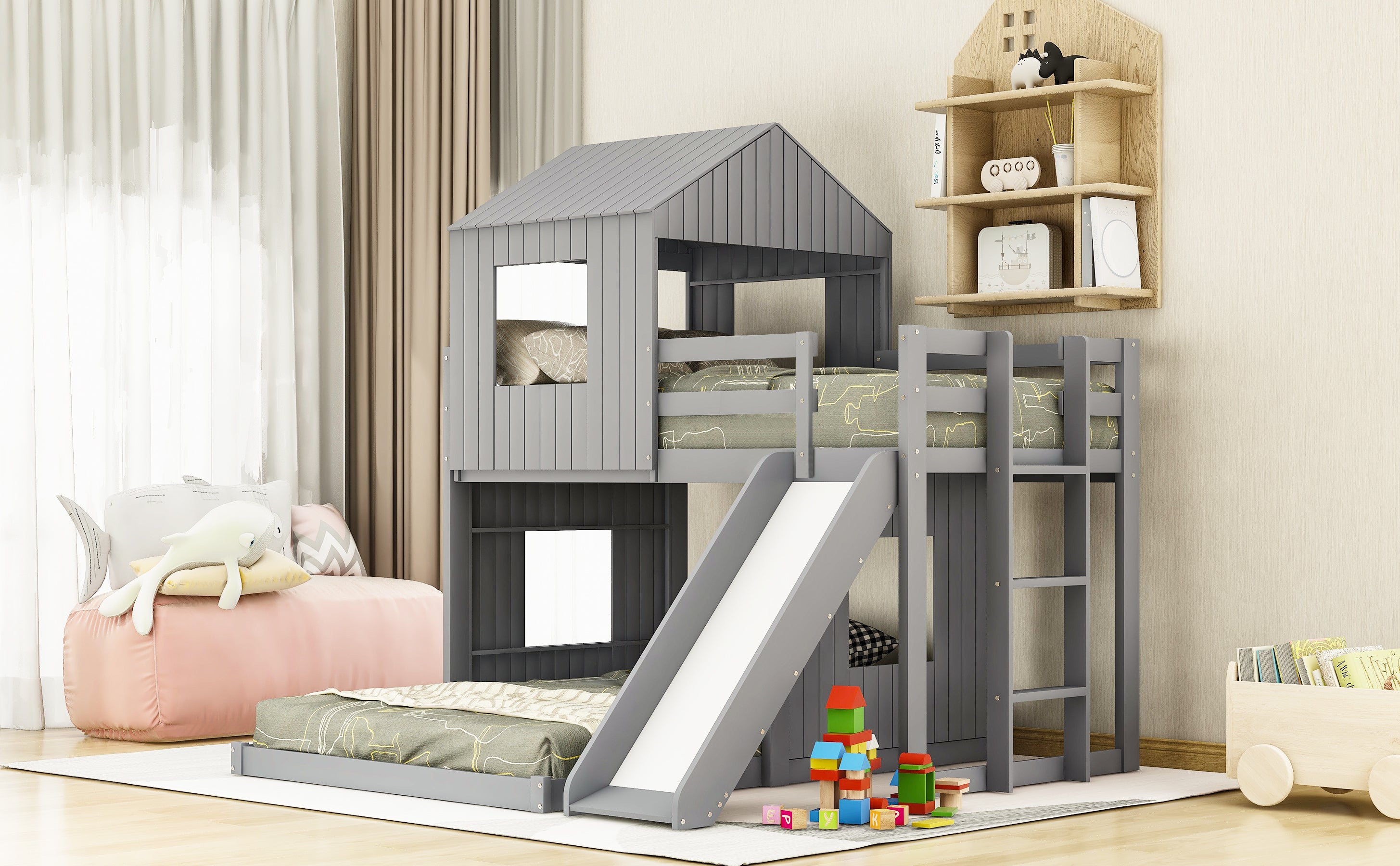 Wooden Twin Over Full Bunk Bed, Loft Bed with Playhouse, Farmhouse, Ladder, Slide and Guardrails, Gray(OLD SKU :LT000028AAN)