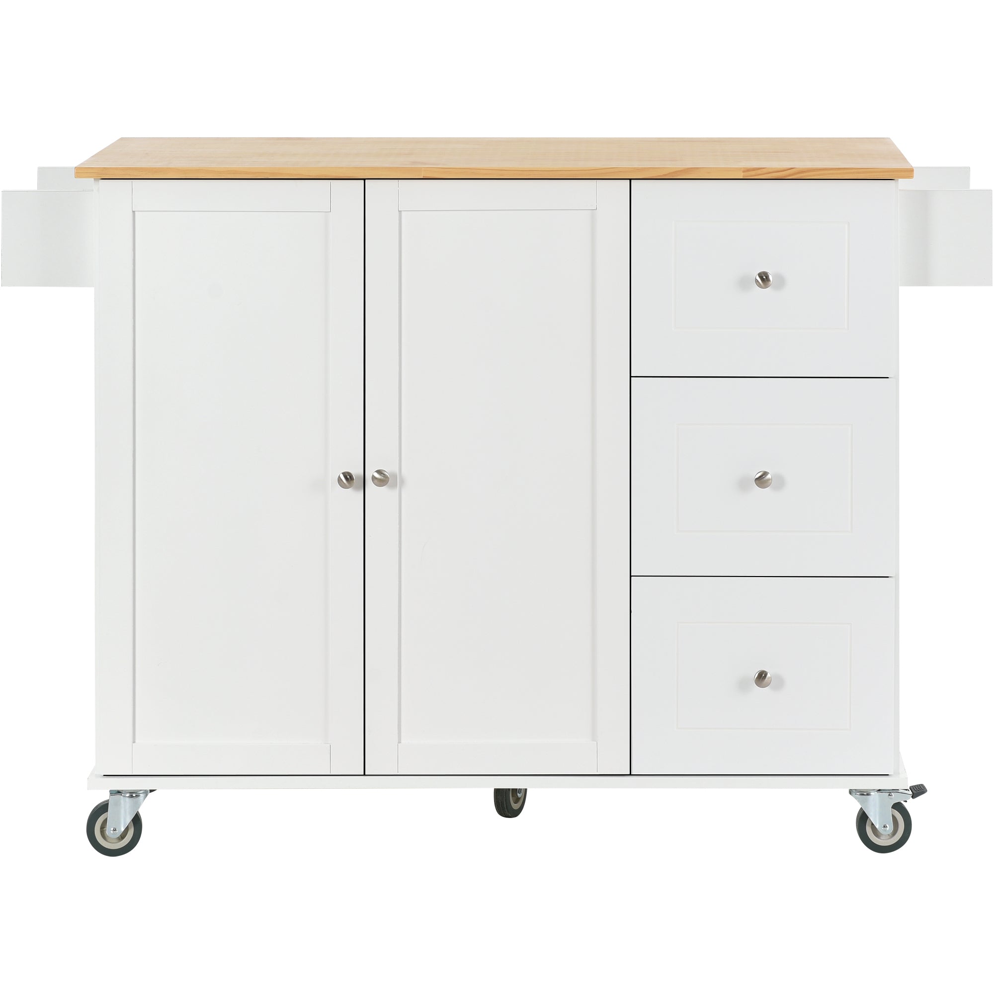 Rolling Mobile Kitchen Island with Solid Wood Top and Locking Wheels,52.7 Inch Width,Storage Cabinet and Drop Leaf Breakfast Bar,Spice Rack, Towel Rack & Drawer (White)