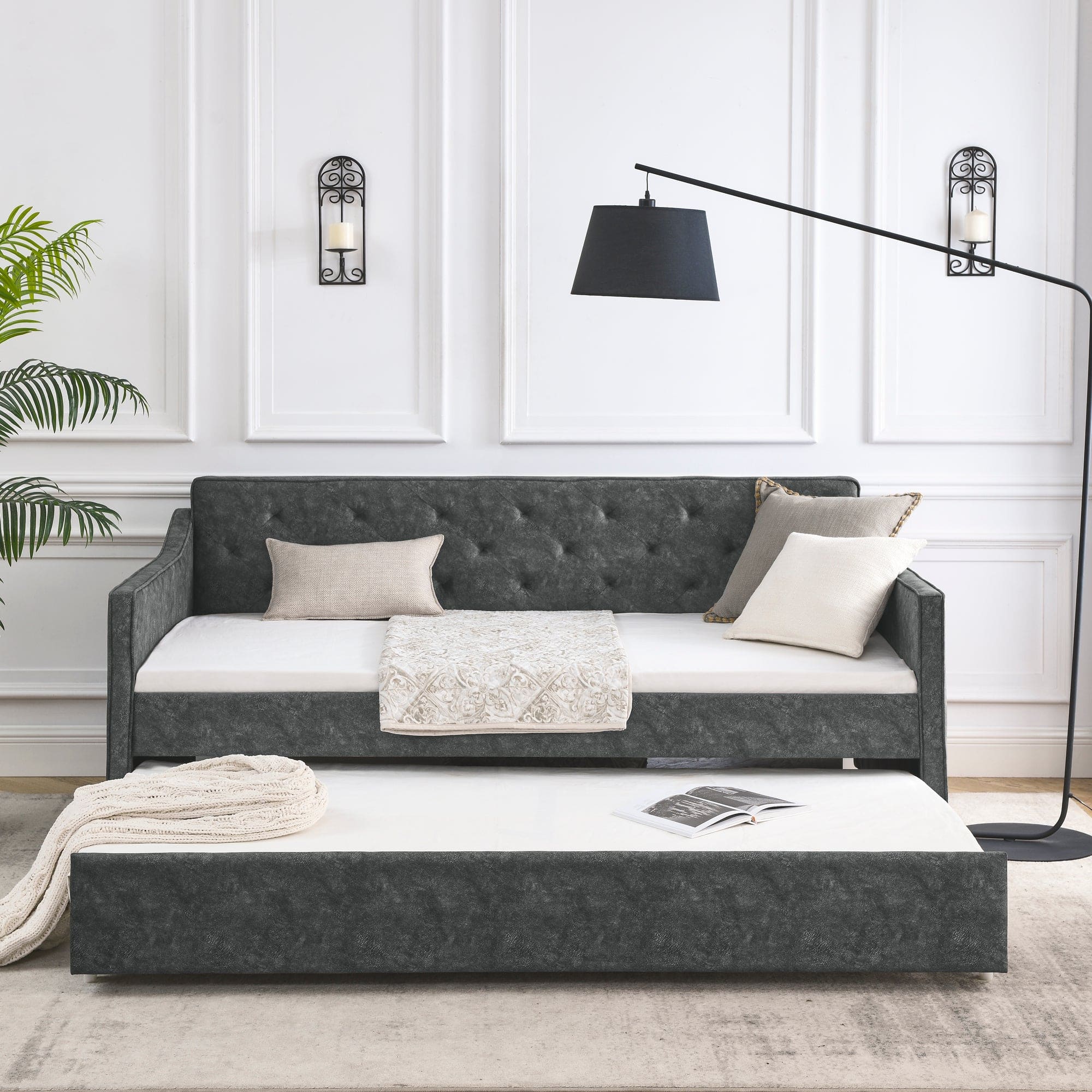 Twin Size Daybed with Twin Size Trundle Upholstered Tufted Sofa Bed,  Waved Shape Arms, Grey (80.5"x44.5"x33.5")