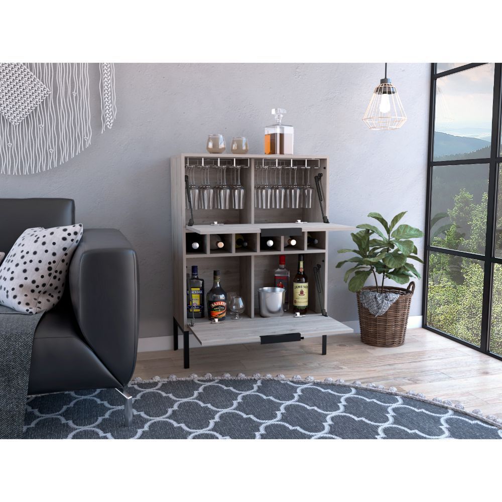 Bar Cabinet Puertu, Six Wine Cubbies, Double Door Cabinet, Light Gray Finish