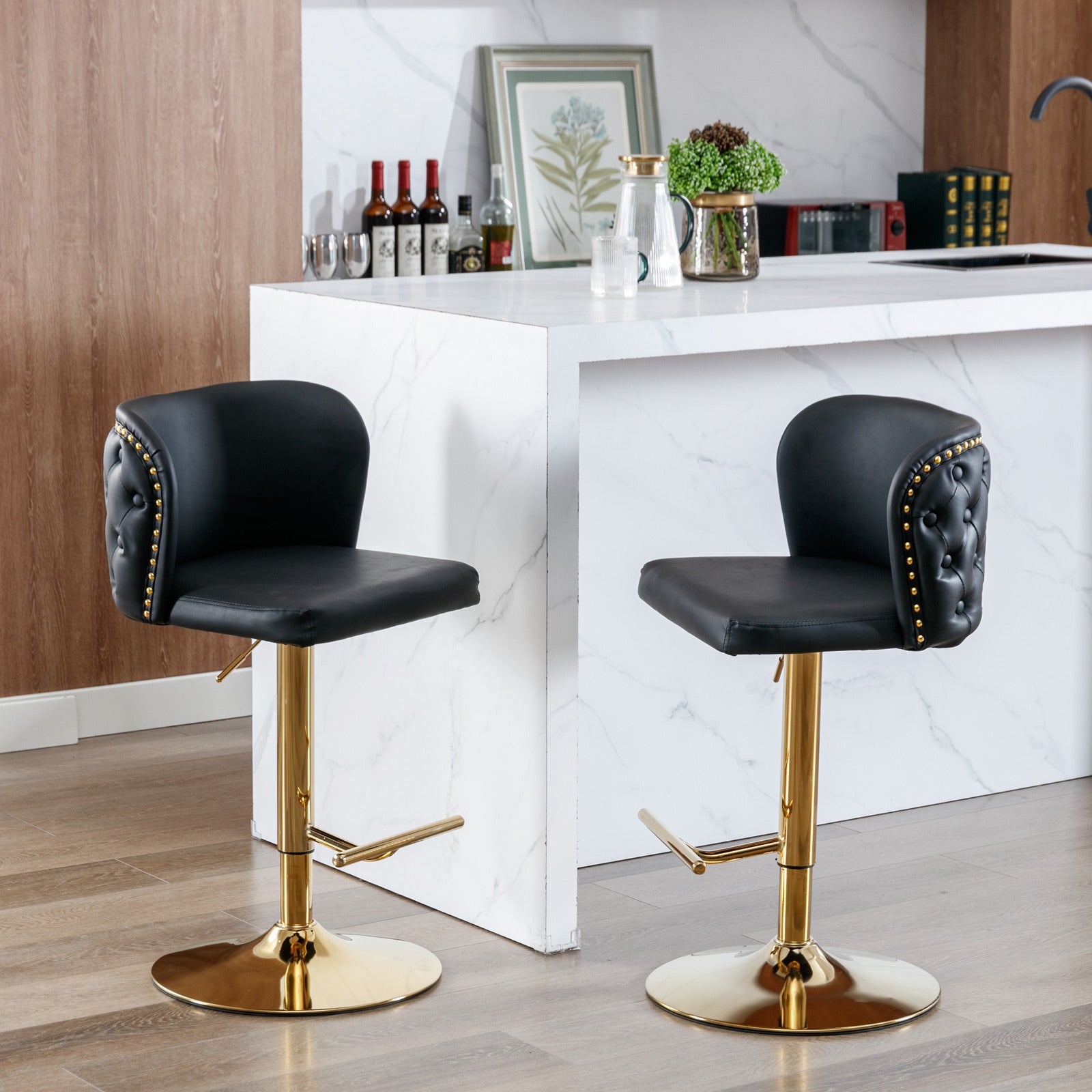 A&A Furniture,Swivel Barstools Adjusatble Seat Height, Modern PU Upholstered Bar Stools with  the whole Back Tufted, for Home Pub and Kitchen Island（Black, Set of 2）