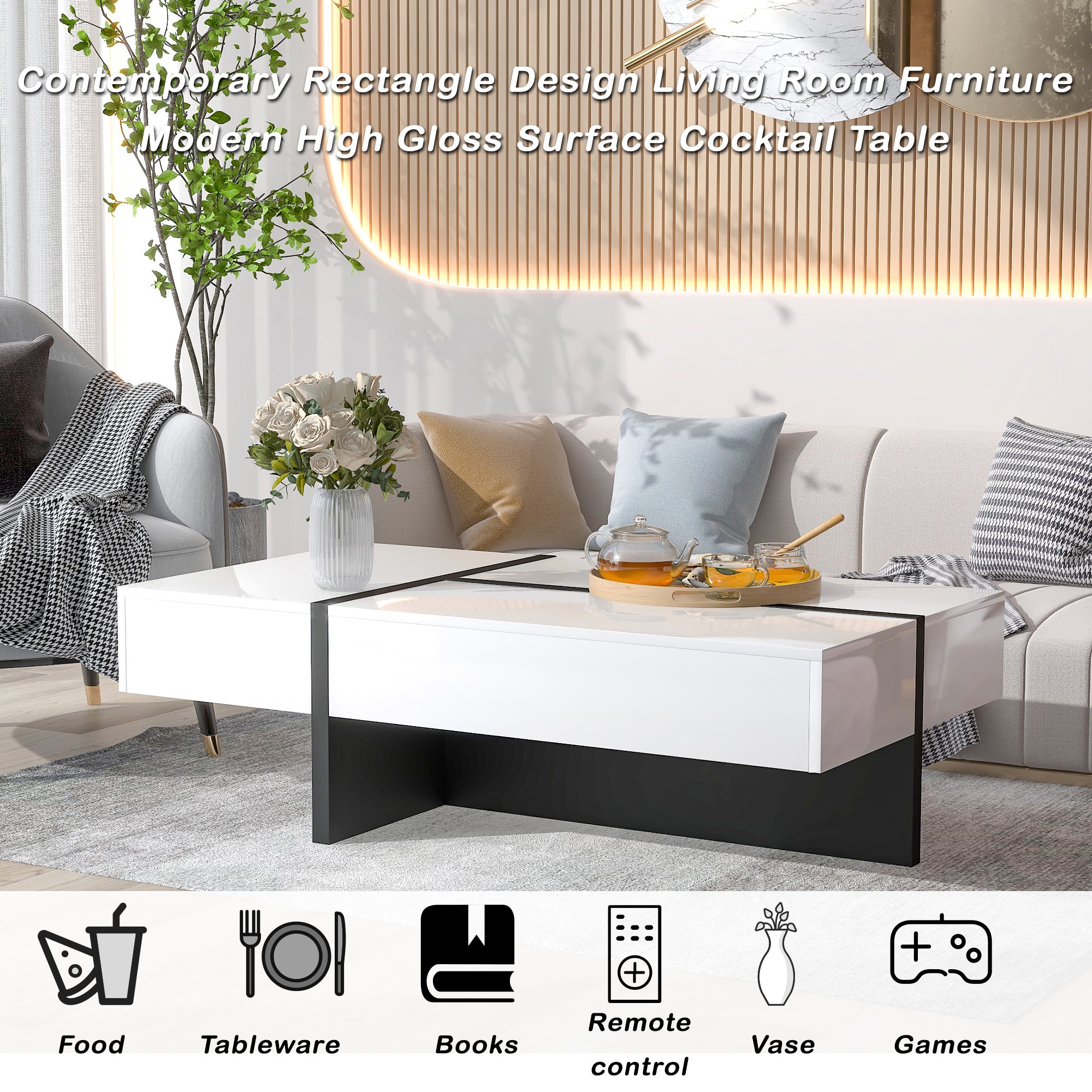 ON-TREND Contemporary Rectangle Design Living Room Furniture, Modern High Gloss Surface Cocktail Table, Center Table for Sofa or Upholstered Chairs, 45.2*25.5*13.7in