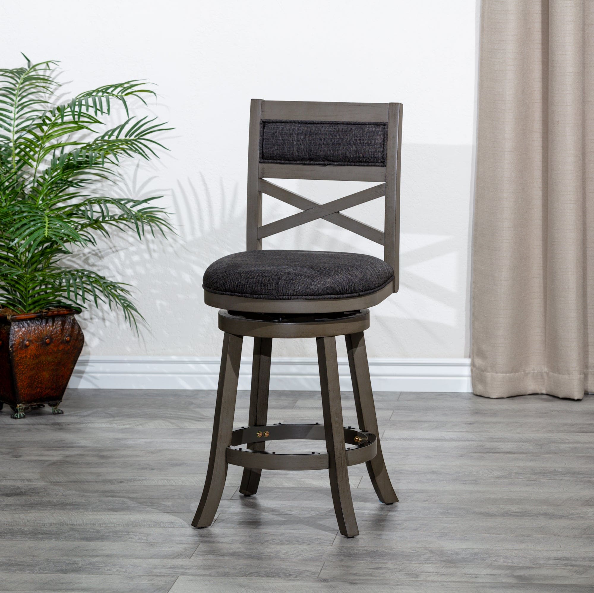 24" Counter Height X-Back Swivel Stool, Weathered Gray Finish, Charcoal Fabric Seat