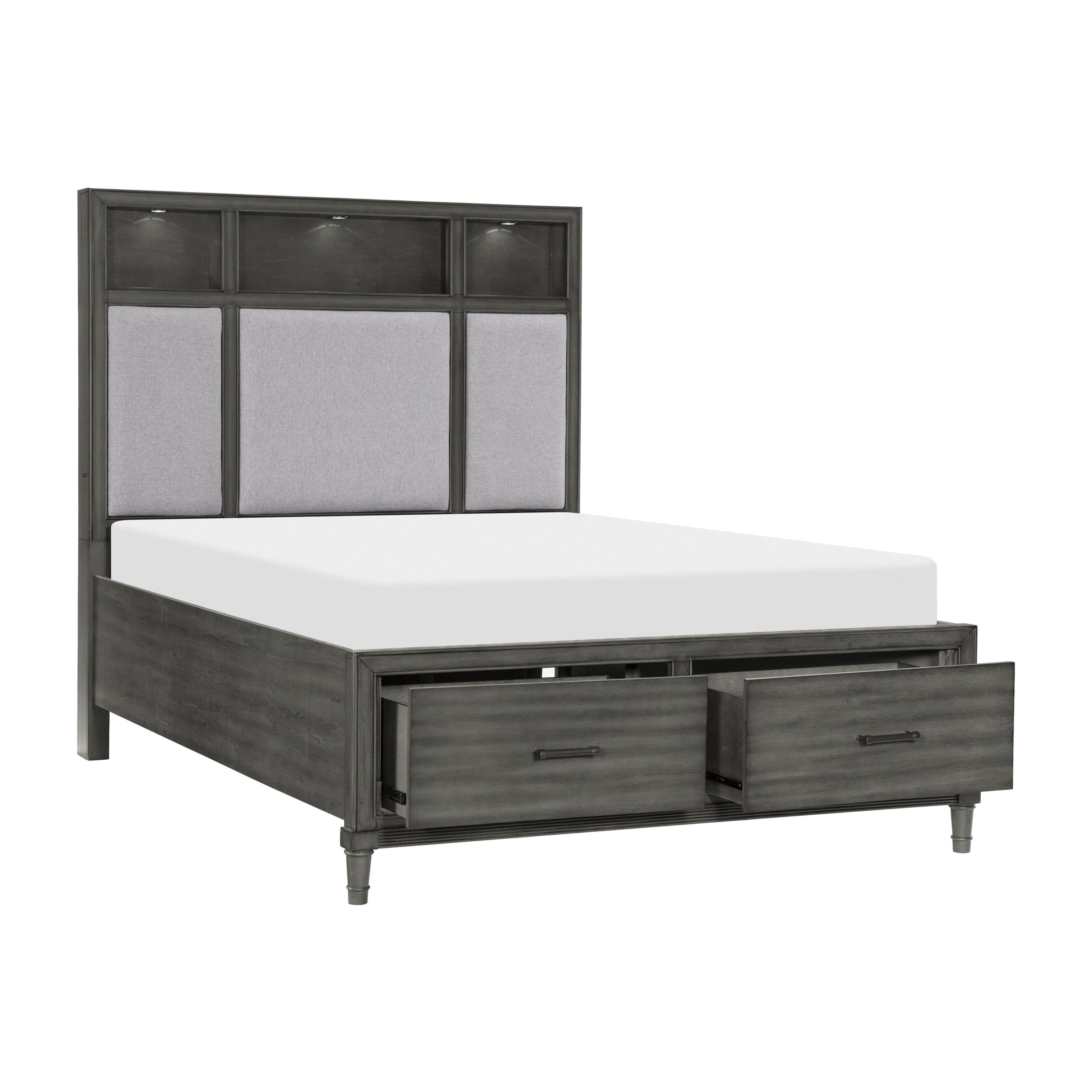 Gray Queen Platform Bed w Storage Drawers Upholstered Headboard USB Ports LED Lights Bedroom Furniture Transitional Style