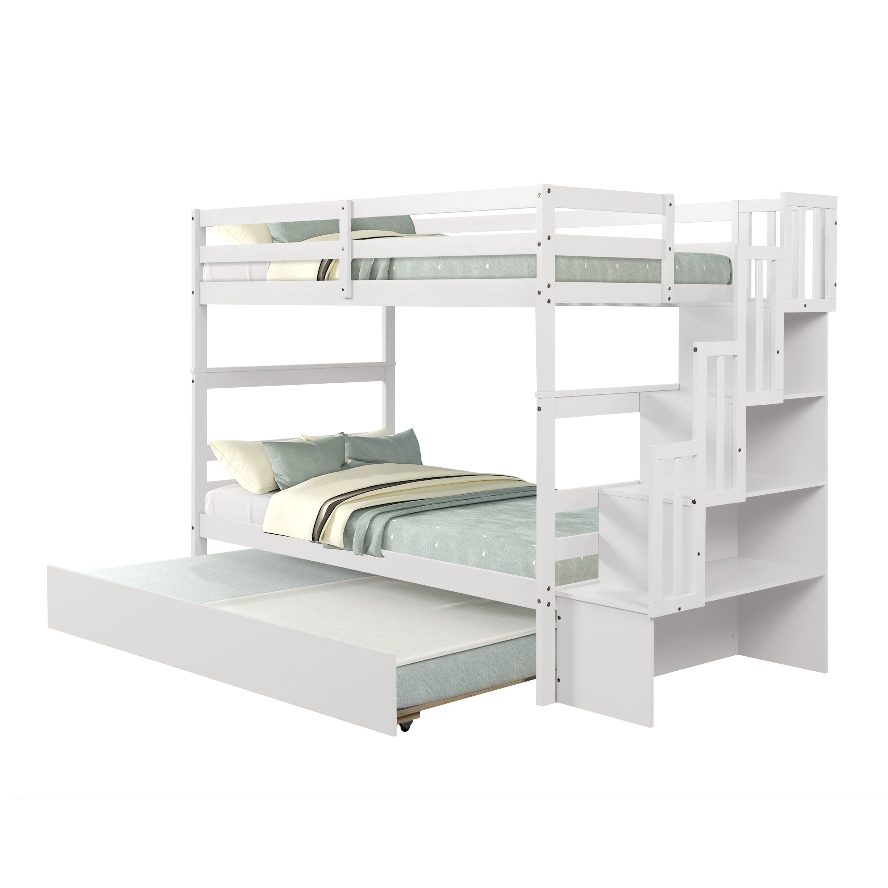 Twin over Twin Bunk Beds With Twin Trundle and Stairway Storage Function in White color