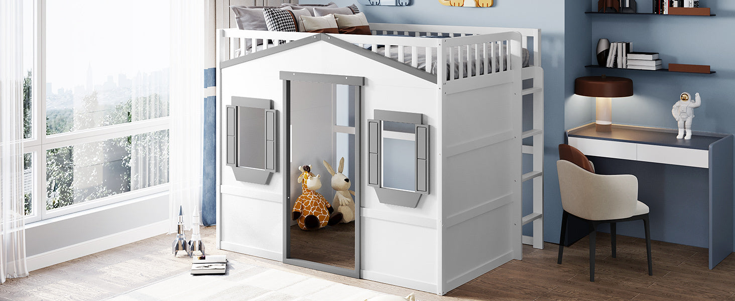 Full Size House Loft Bed With Ladder-White+Gray Frame