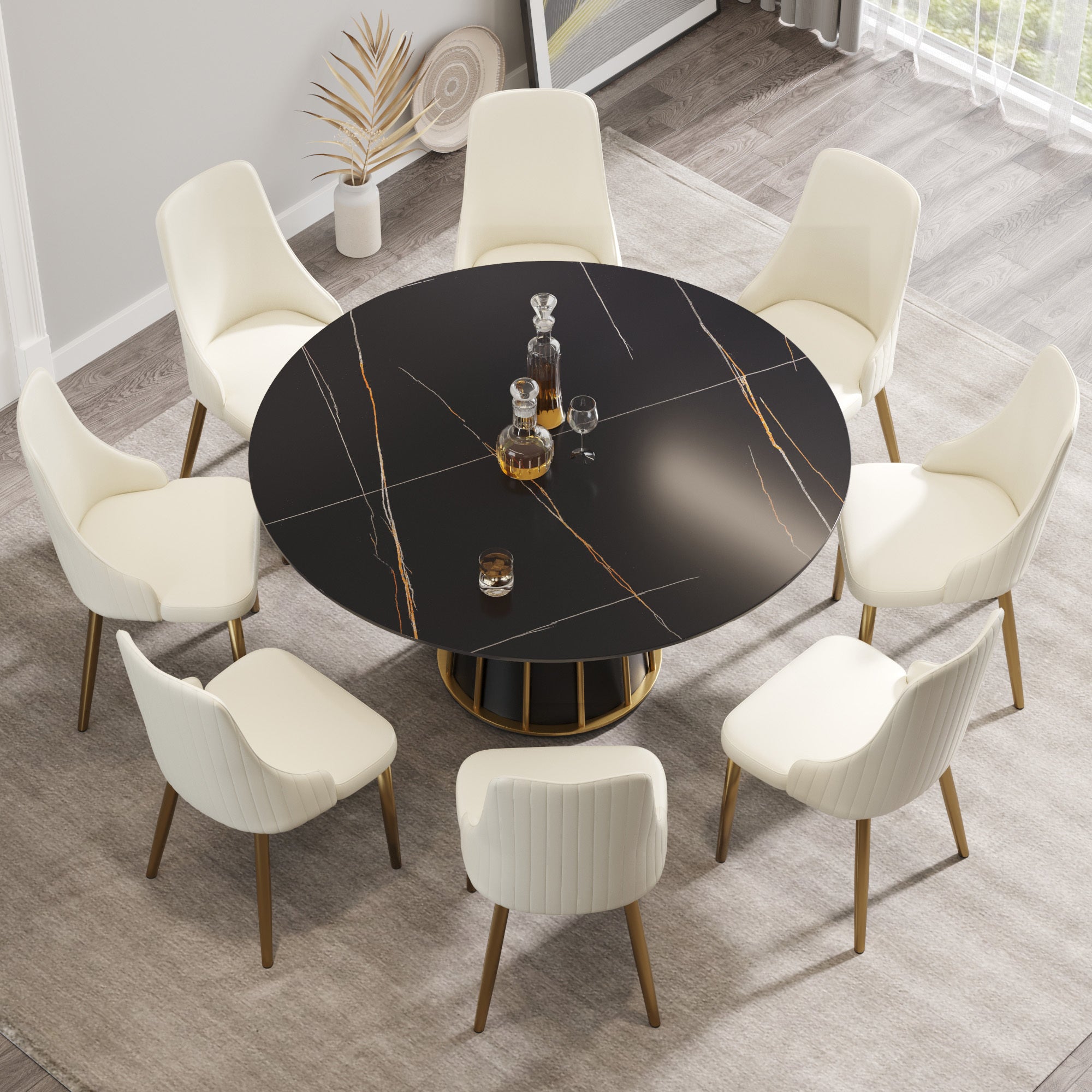 59.05"modern artificial stone round black metal iron base dining table-can accommodate 8 people.(Not including chairs)