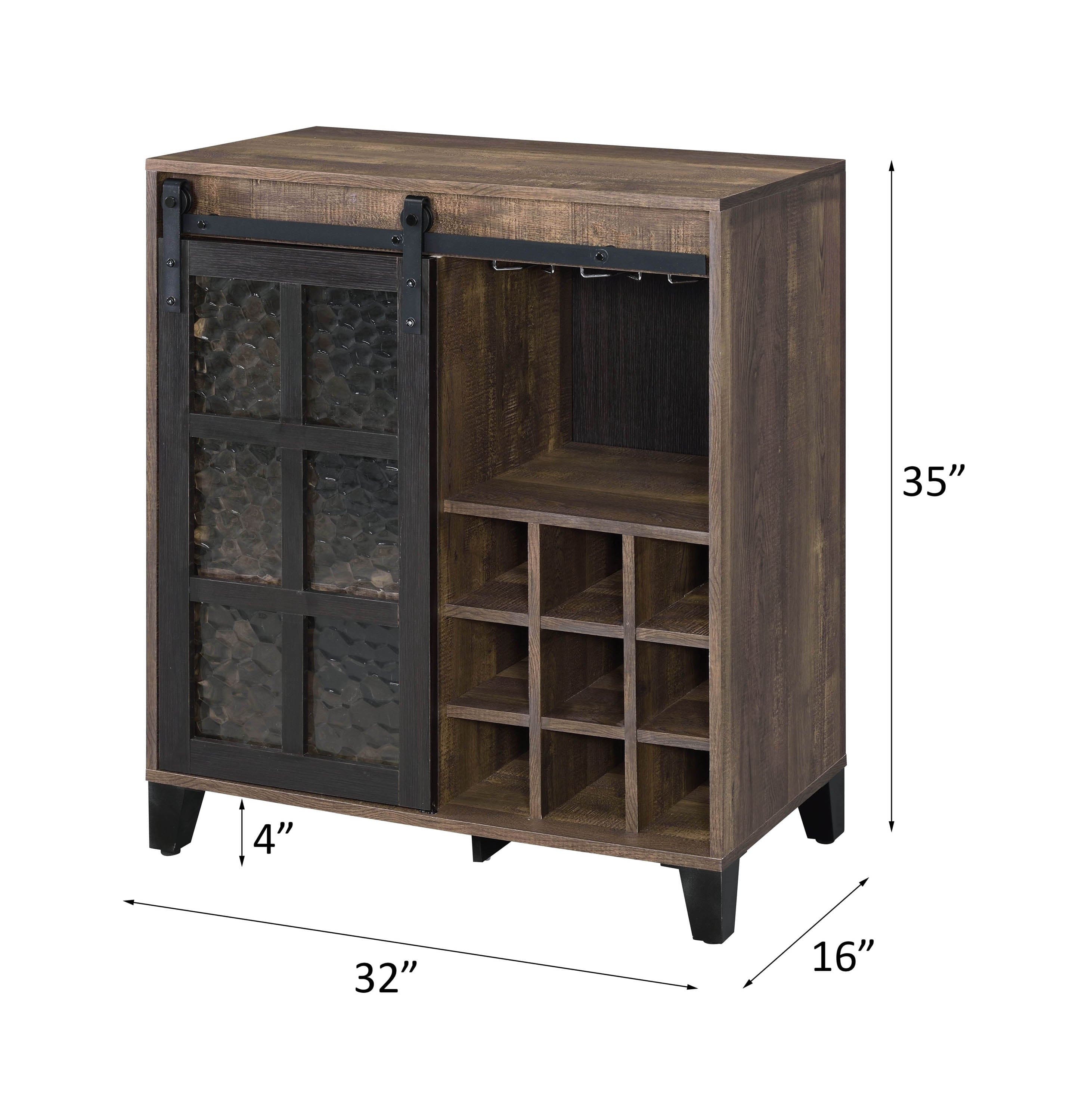 ACME Treju Wine Cabinet, Obscure Glass, Rustic Oak & Black Finish 97836