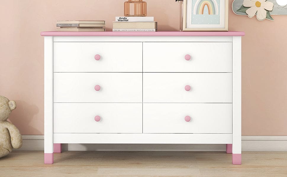 Wooden Storage Dresser with 6 Drawers,Storage Cabinet for kids Bedroom,White+Pink