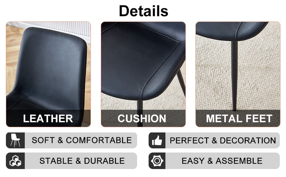 Black artificial leather backrest cushion dining chair, black metal legs, curved widened cushion design for more comfort, suitable for restaurants, kitchens, bedrooms, offices.(4 chairs)  0502