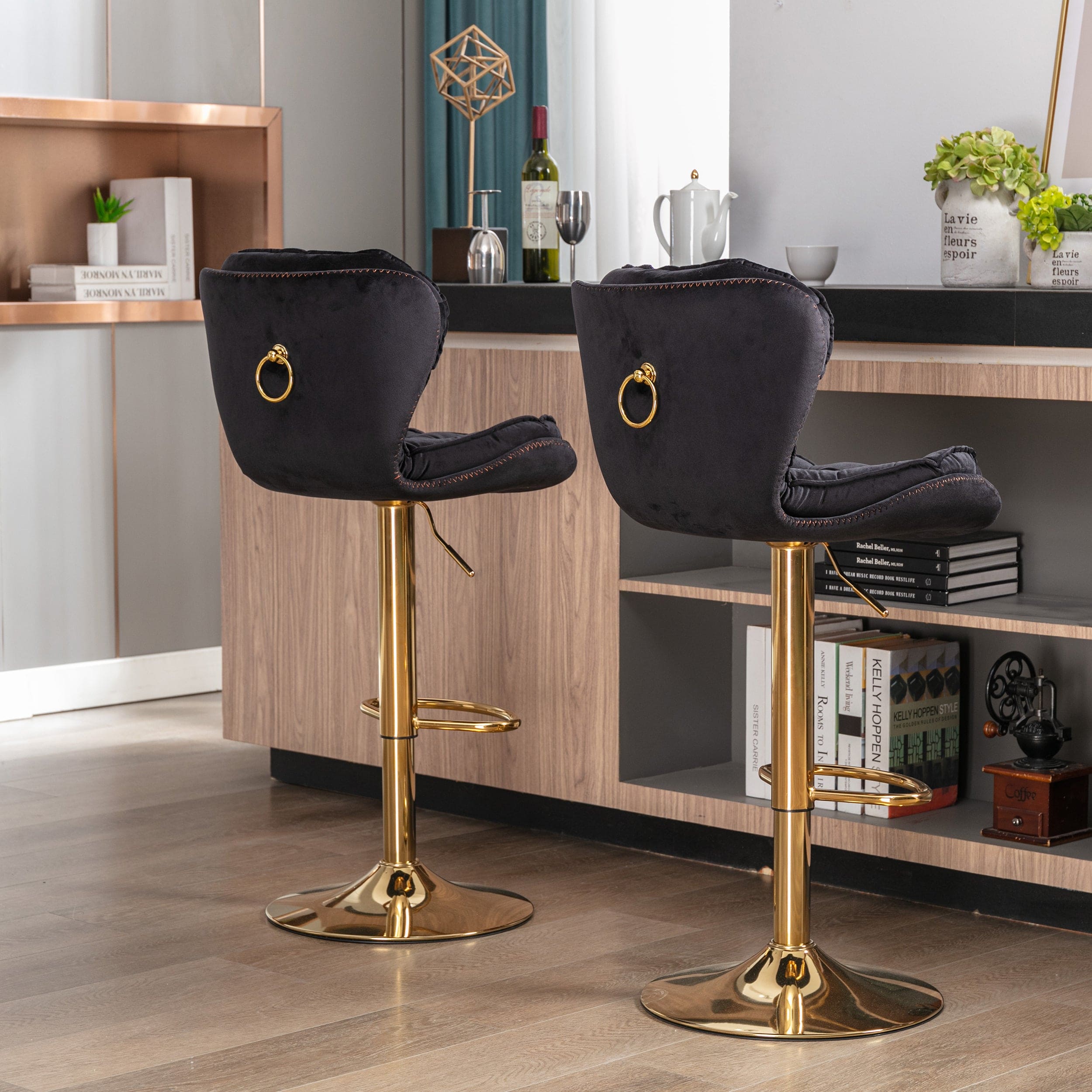 Set of 2  Bar Stools,with Chrome Footrest and Base Swivel Height Adjustable Mechanical Lifting Velvet + Golden Leg Simple Bar Stool-black