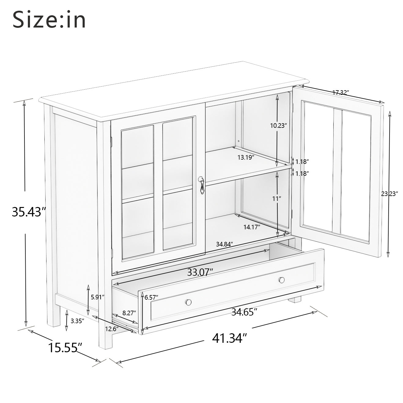 Buffet storage cabinet with double glass doors and unique bell handle