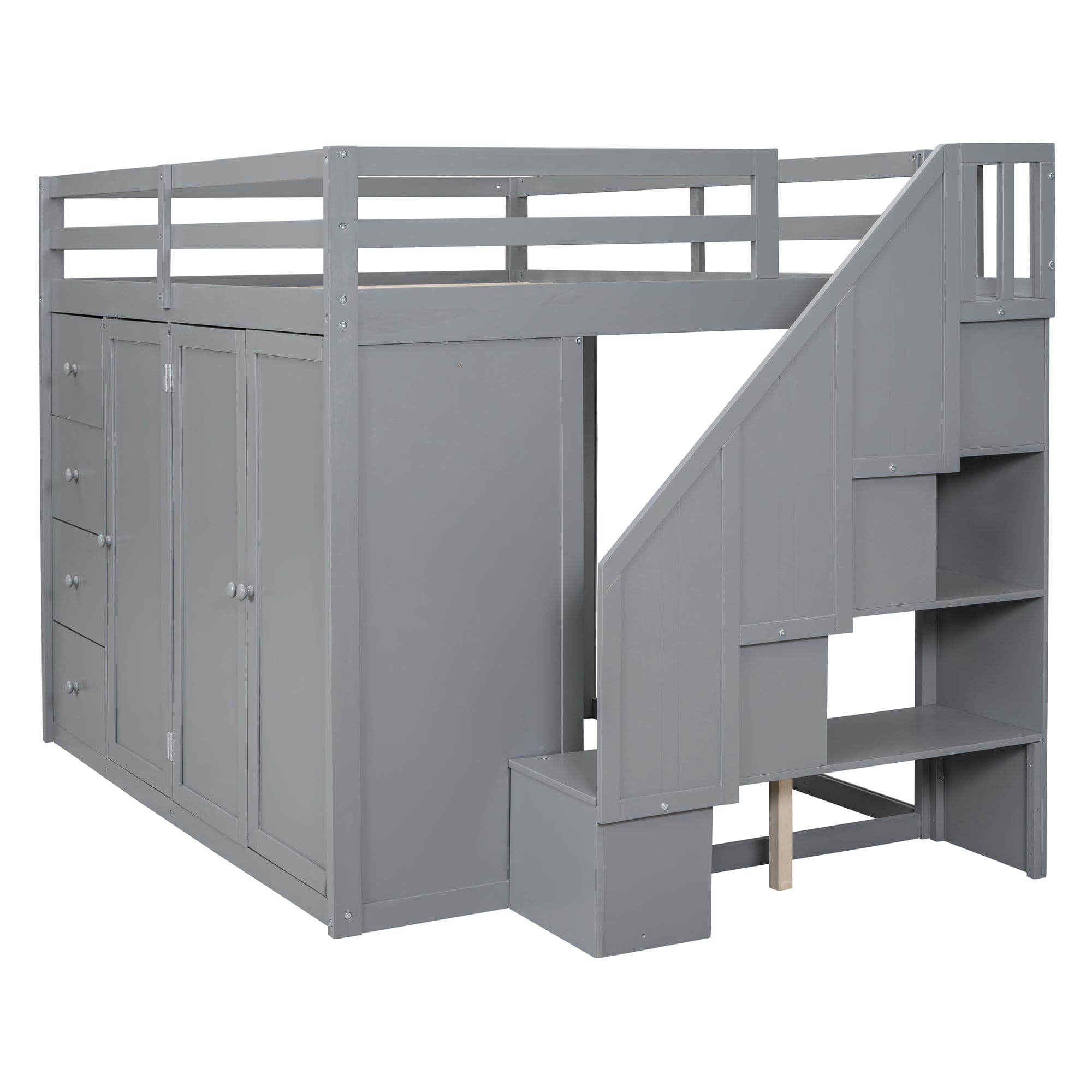 Full Size Wood Loft Bed With Built-in Wardrobes, Cabinets and Drawers, Gray