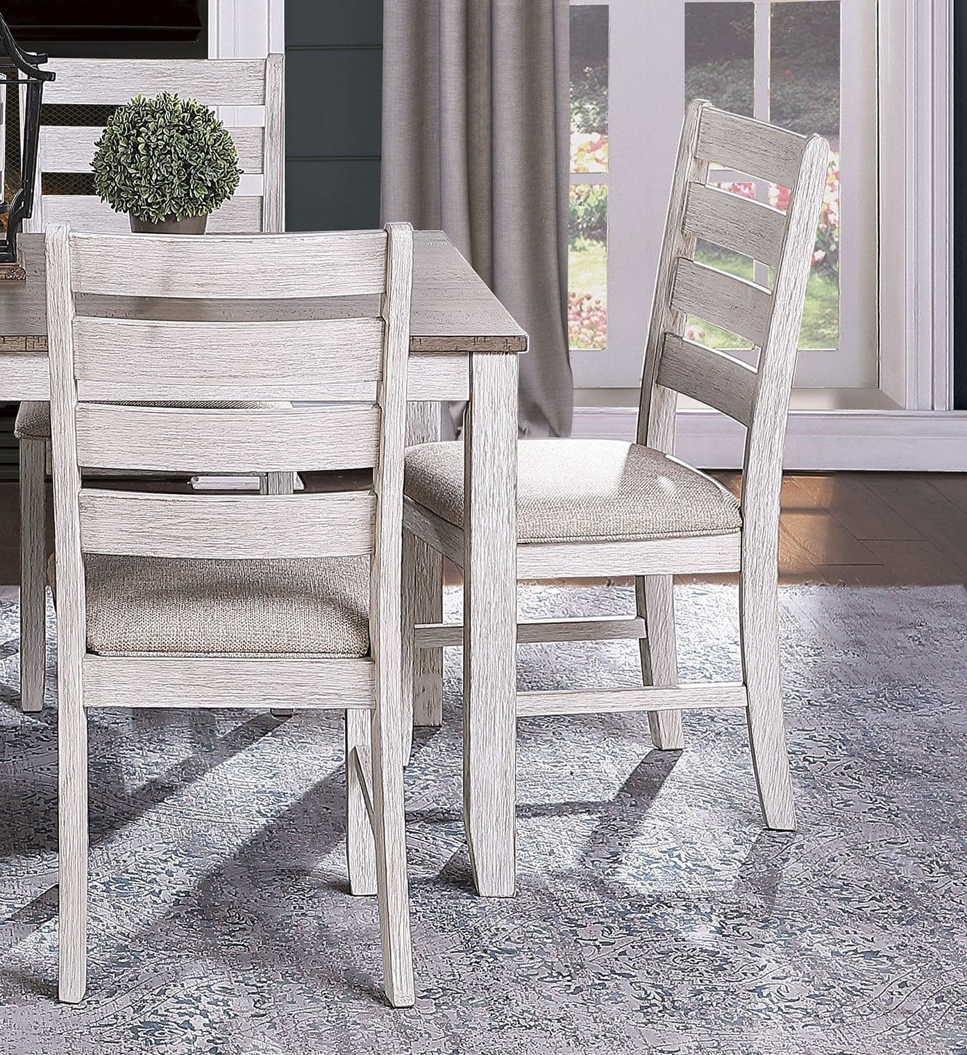 Grayish White and Brown Finish Casual Dining Room Furniture 5pc Dining Set Rectangular Wooden Table and 4x Side Chairs Fabric Upholstered Seat