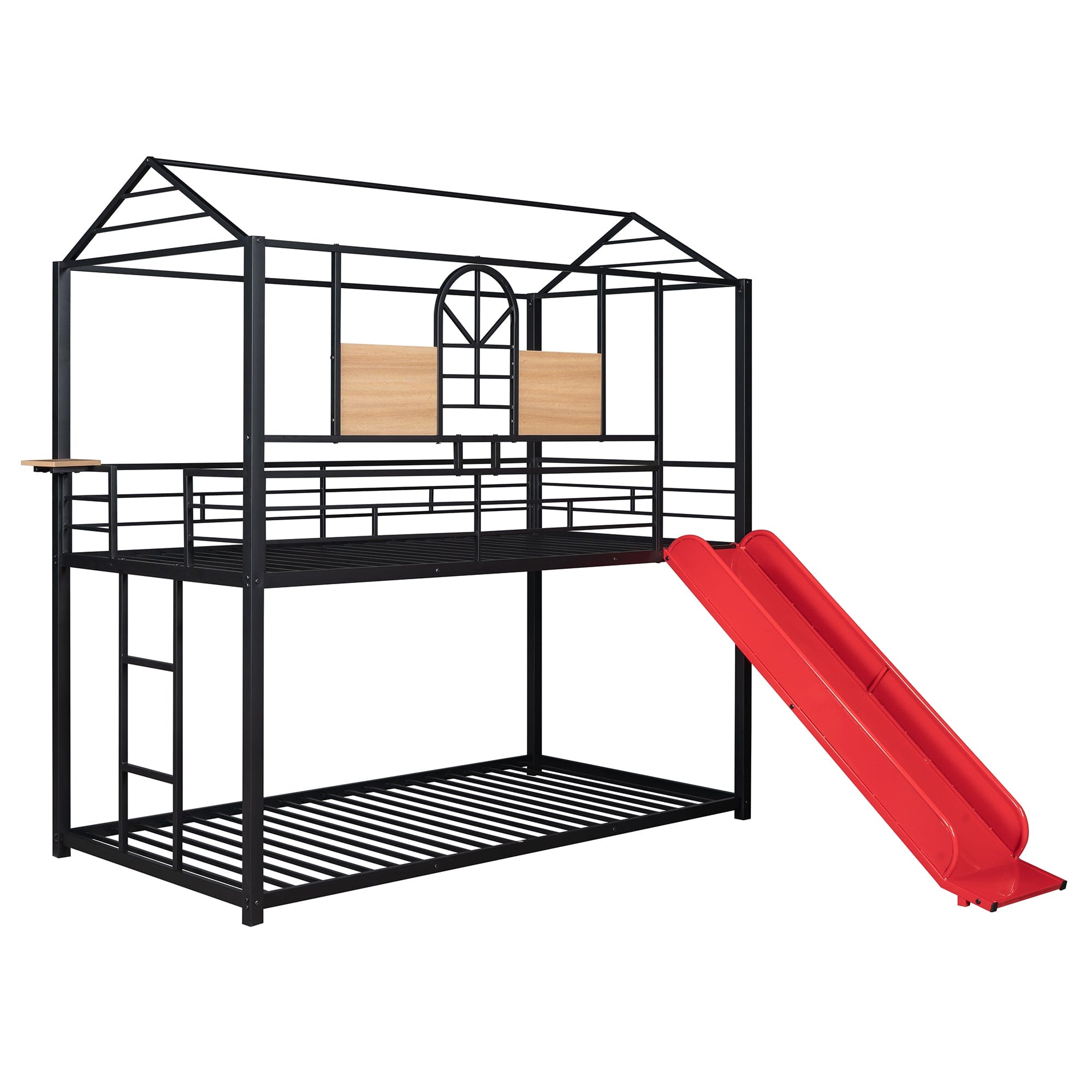 Twin Over Twin Metal Bunk Bed ,Metal Housebed With Slide,Three Colors Available.(Black with Red Slide)(OLD SKU :LP000095AAJ)