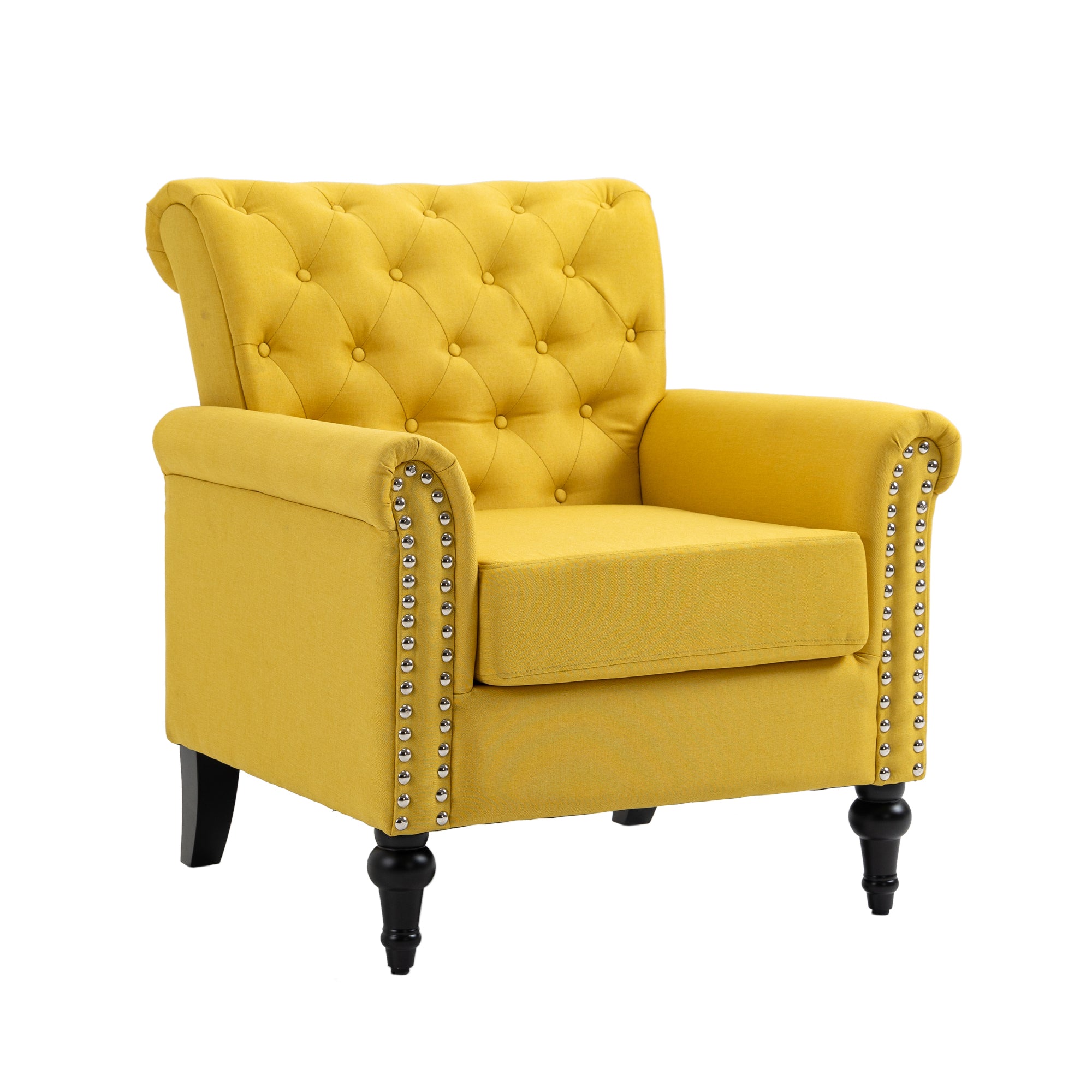 Mid-Century Modern Accent Chair, Linen Armchair w/Tufted Back/Wood Legs, Upholstered Lounge Arm Chair Single Sofa for Living Room Bedroom, YELLOW