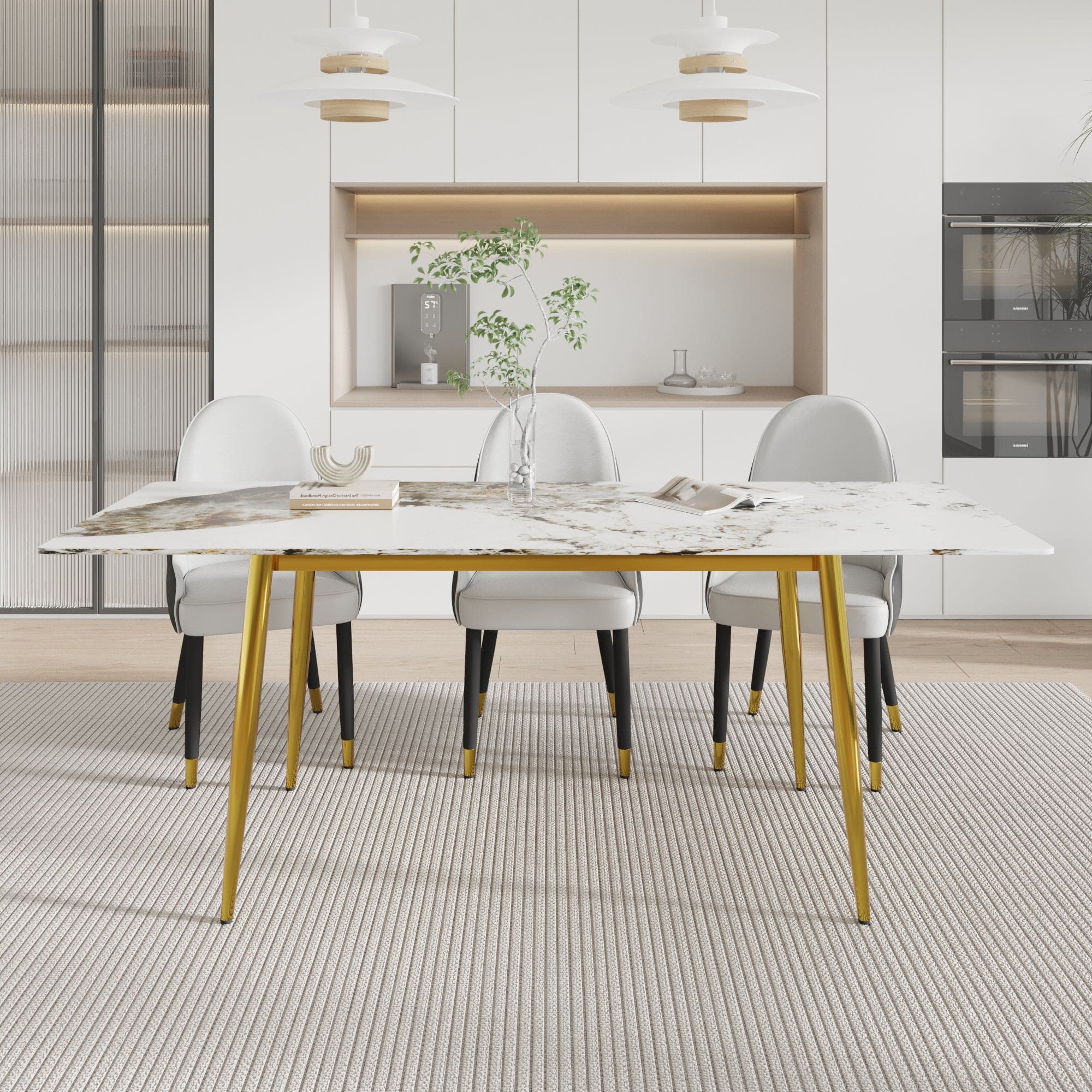 78.74" modern artificial stone pandora white straight edge golden metal leg dining table-can accommodate 8 people