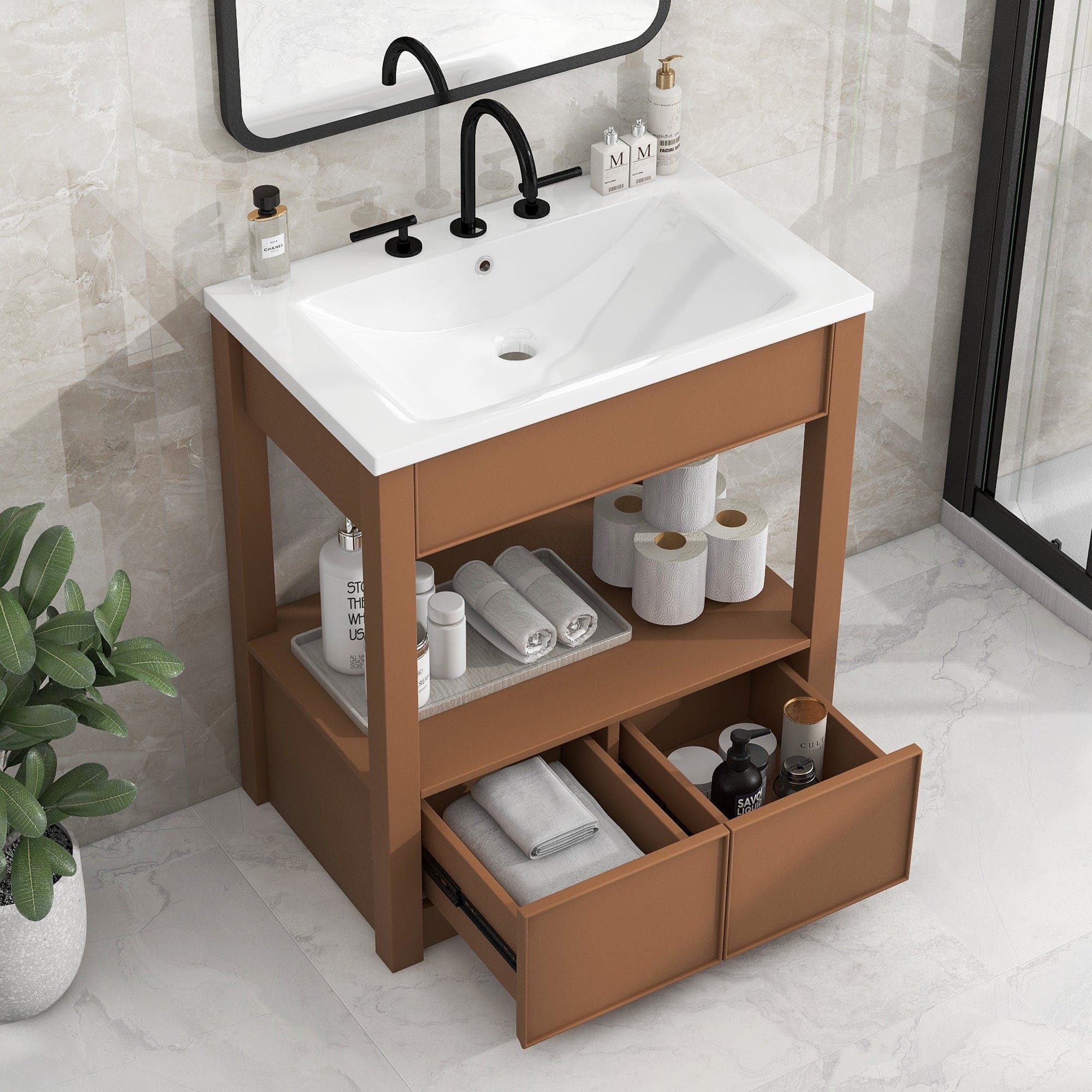 30" Bathroom Vanity with Sink Top, Bathroom Cabinet with Open Storage Shelf and Two Drawers, Brown