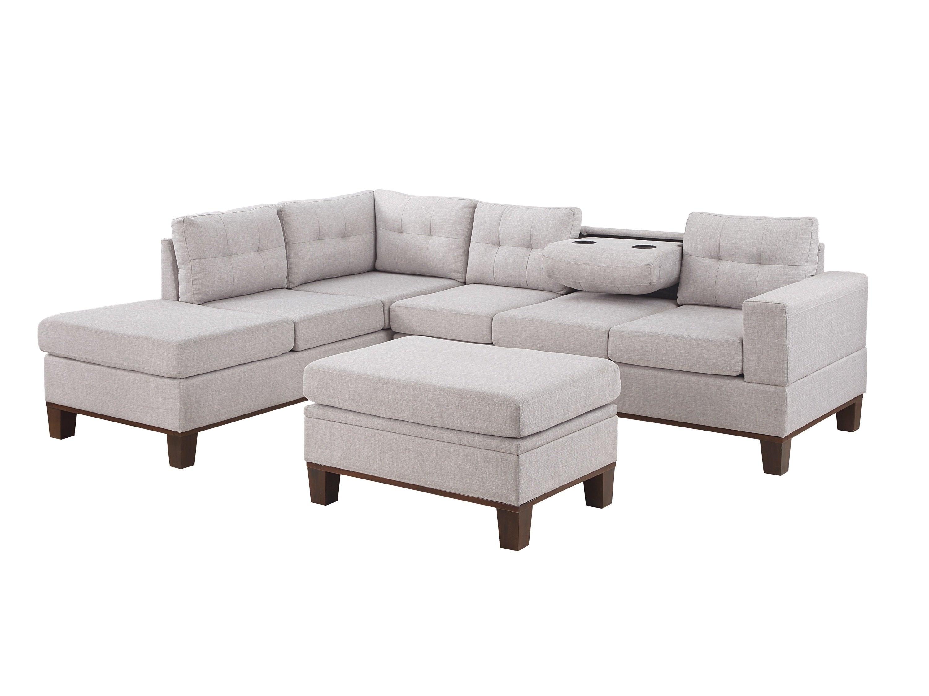 Hilo Light Gray Fabric Reversible Sectional Sofa with Dropdown Armrest, Cupholder, and Storage Ottoman