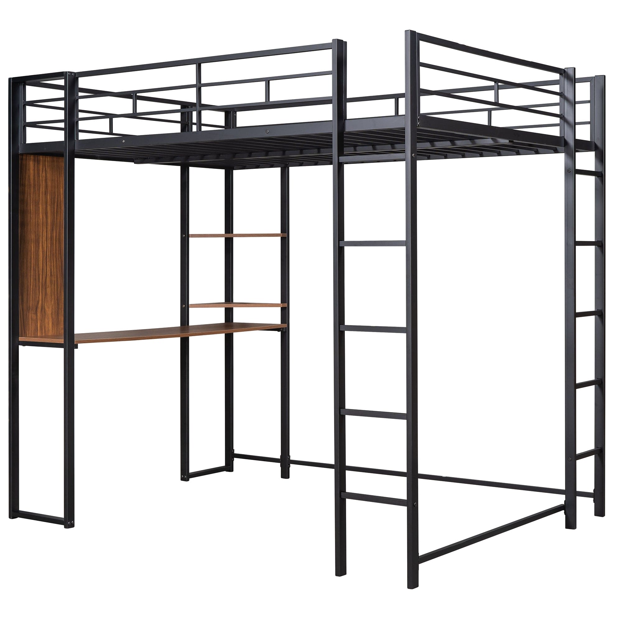 Full Size Metal Loft Bed with 2 Shelves and one Desk ,Black (Old SKU: LP000191AAB )