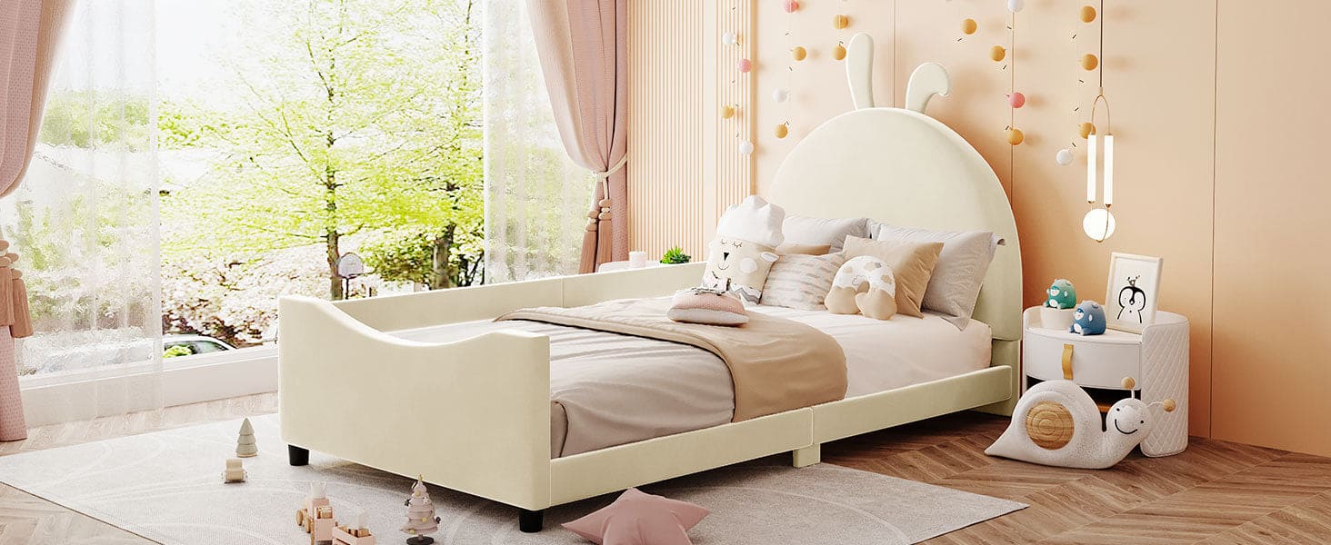 Twin Size Upholstered Daybed with Rabbit Ear Shaped Headboard, Beige