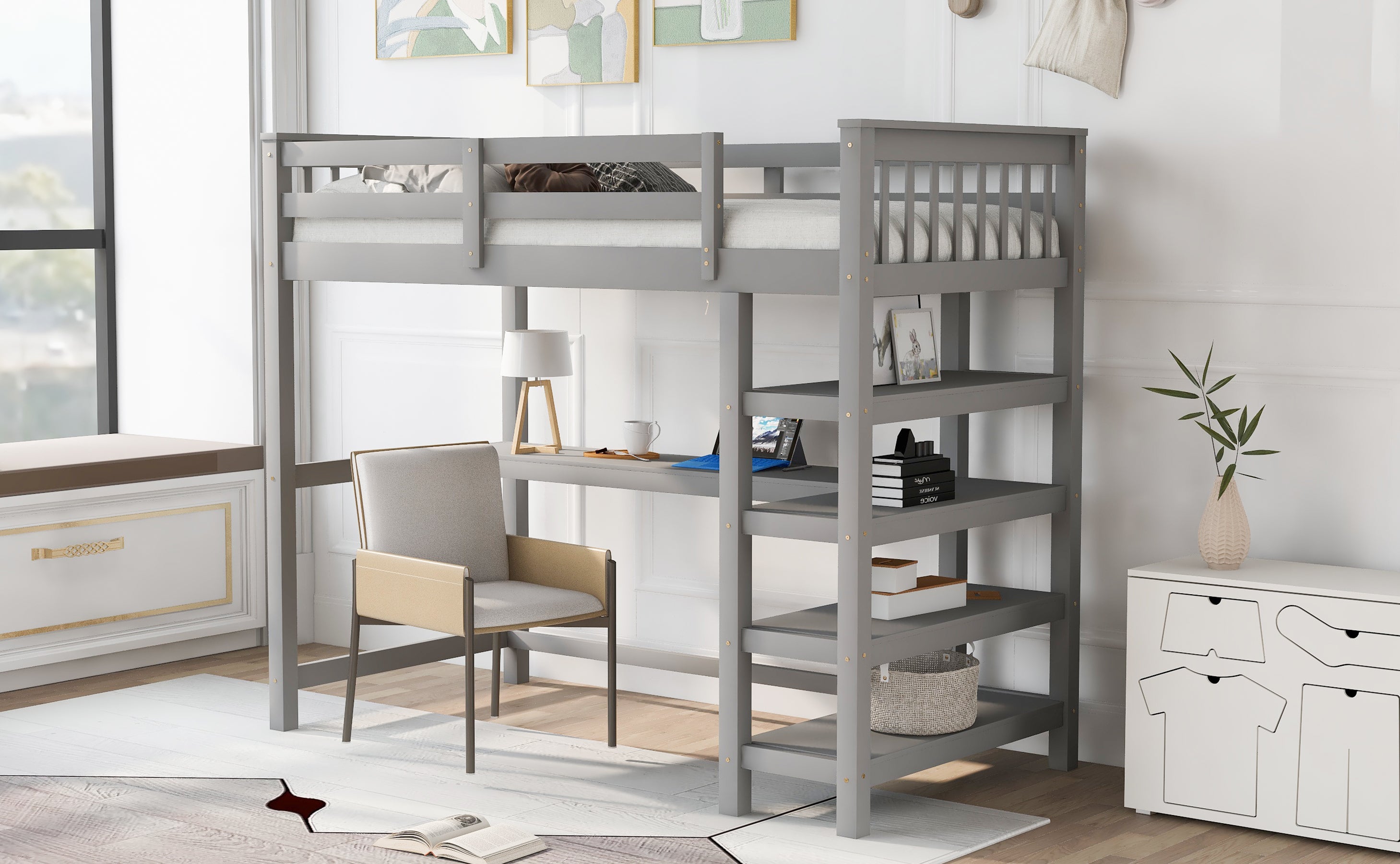 Twin Size Loft Bed with Storage Shelves and Under-bed Desk, Gray(OLD SKU:SM000245AAE-1)