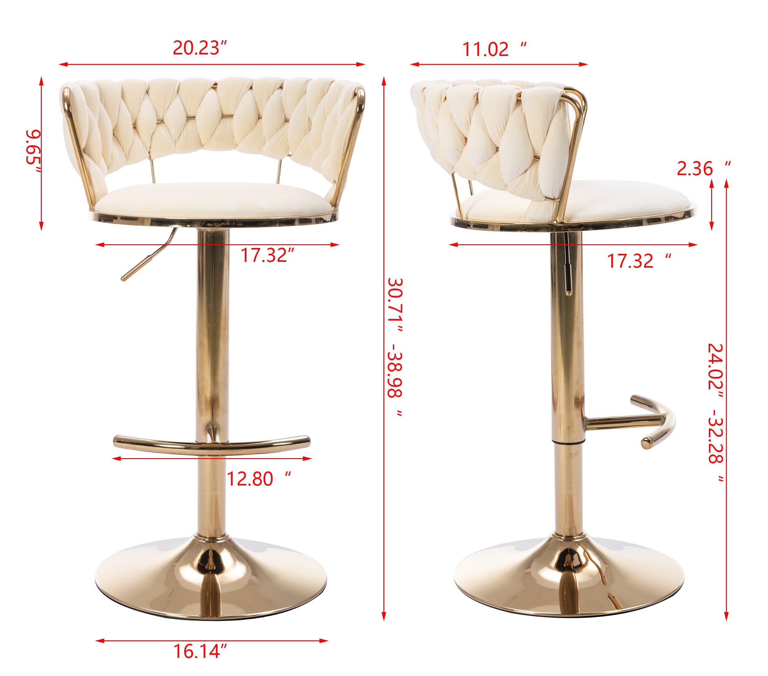 Set of 2  Bar Stools,with Chrome Footrest and Base Swivel Height Adjustable Mechanical Lifting Velvet + Golden Leg Simple Bar Stool-Cream