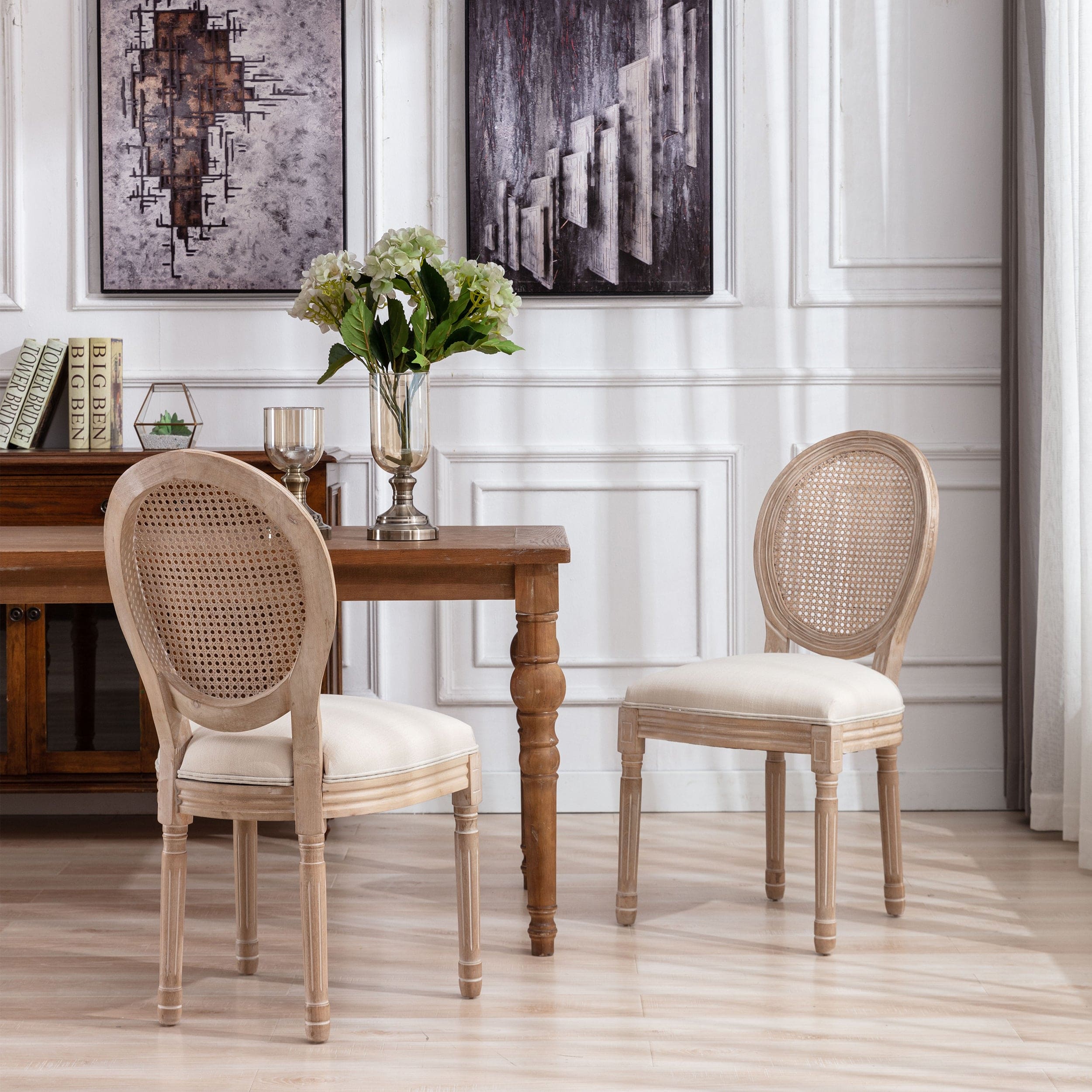 French Style Solid Wood Frame Antique Painting Linen Fabric Rattan Back Dining Chair,Set of 2,Cream