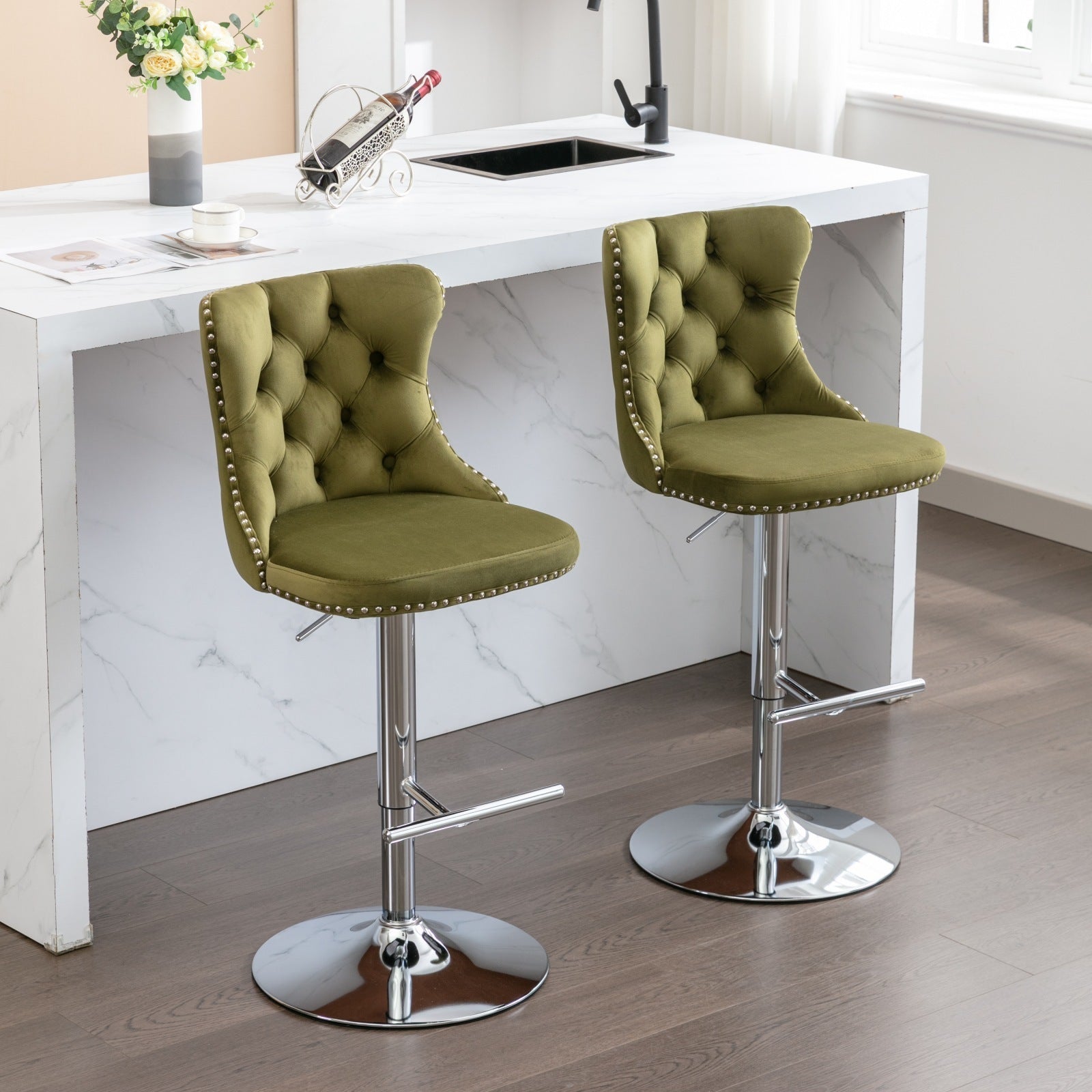 Swivel Velvet Barstools Olive-Green,Set of 2