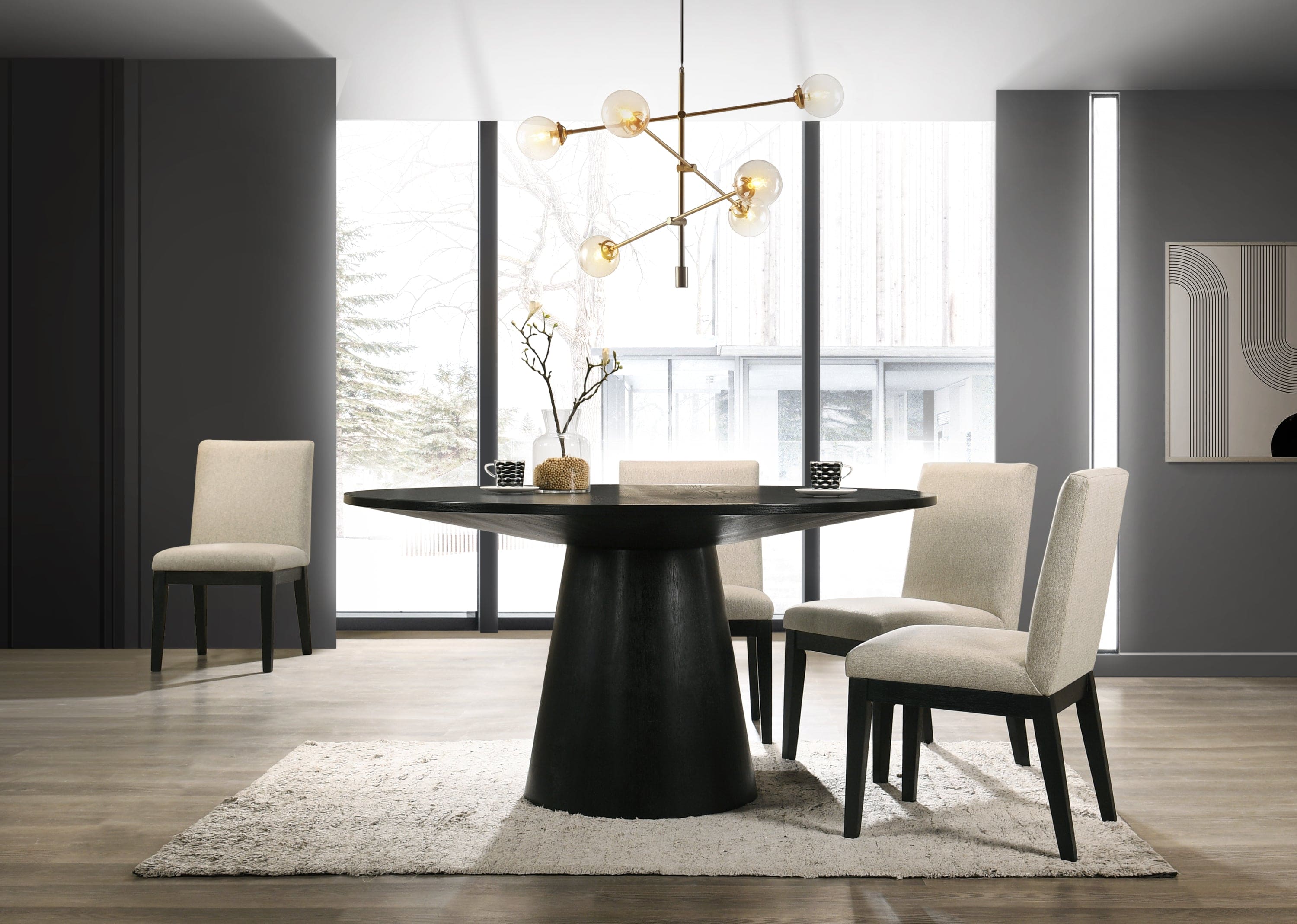 Jasper Ebony Black 5 Piece 59" Wide Contemporary Round Dining Table Set with Beige Fabric Chairs