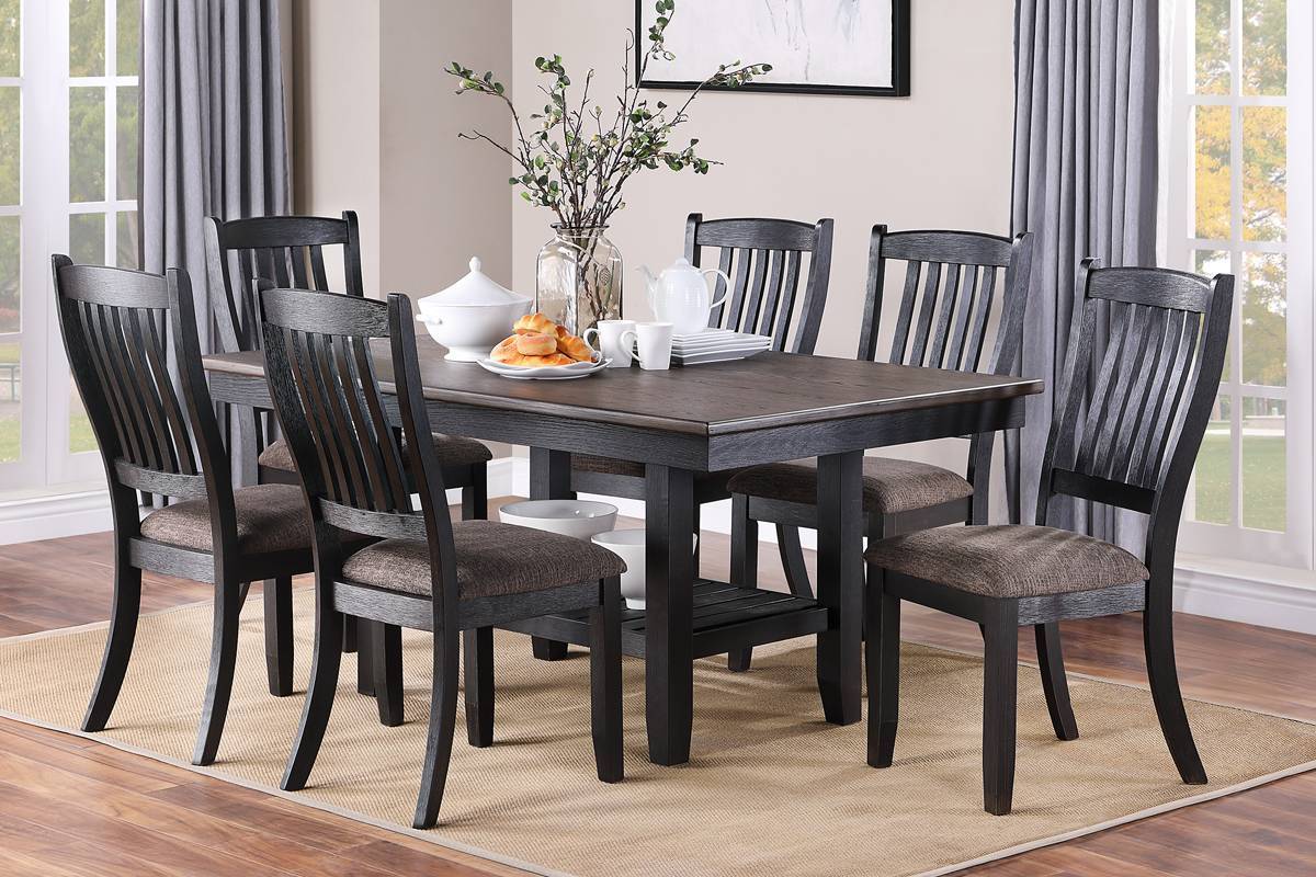 Transitional Dining Room 7pc Set Dark Coffee Rubberwood Dining Table w Shelf and 6x Side Chairs Fabric Upholstered seats Unique Back Chairs