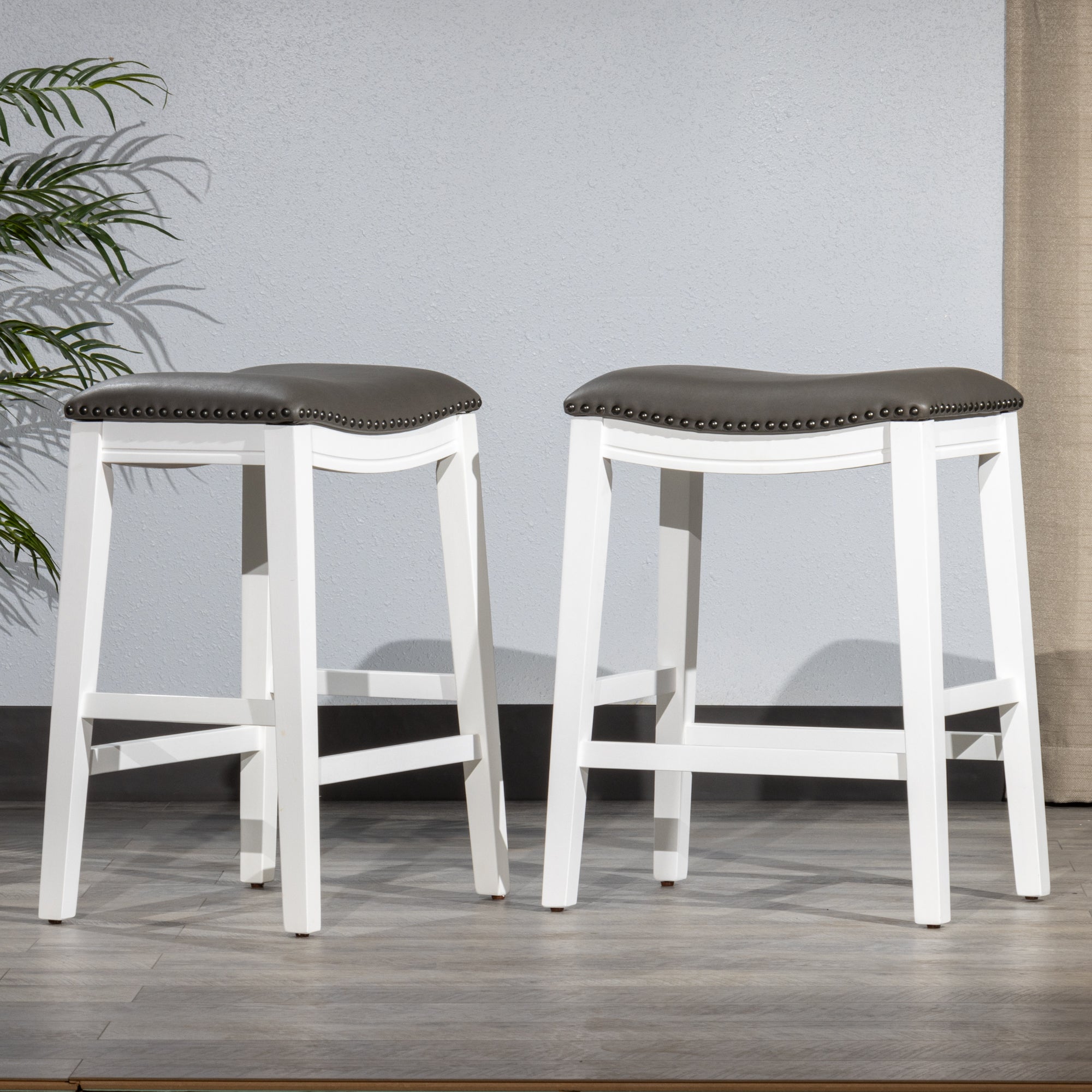 Saddle Stool  -25" Counter Stool, White/Dark Gray PU, Set of 2