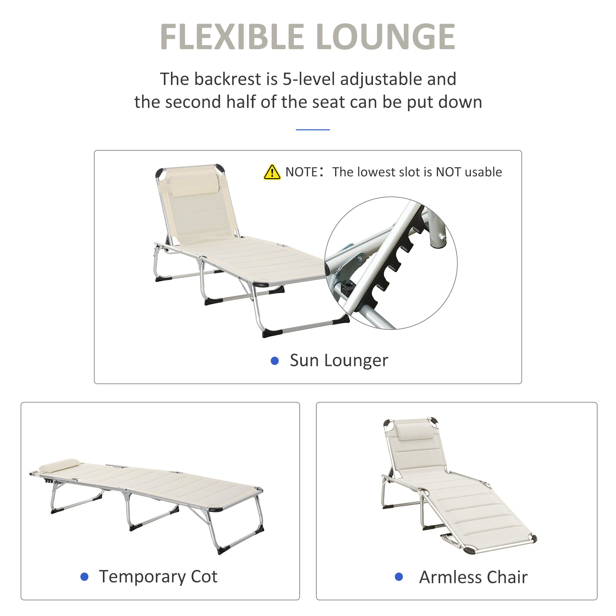 Outsunny Foldable Outdoor Chaise Lounge Chair, 5-Level Reclining Camping Tanning Chair with Aluminum Frame, Padding, and Headrest for Beach, Yard, Patio, Pool, White