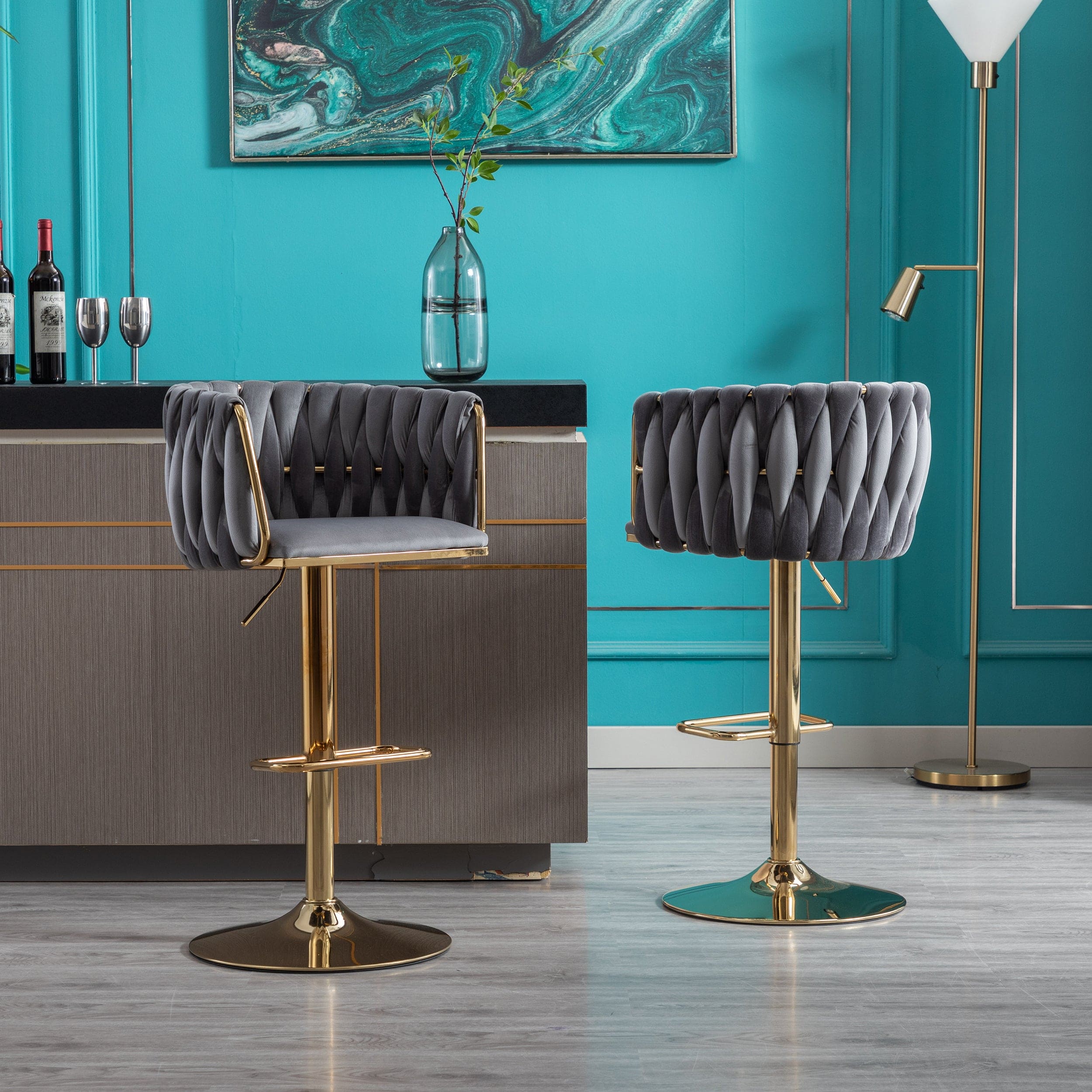 Set of 2 Bar Stools,with Chrome Footrest and Base Swivel Height Adjustable Mechanical Lifting Velvet + Golden Leg Simple Bar Stool-Grey