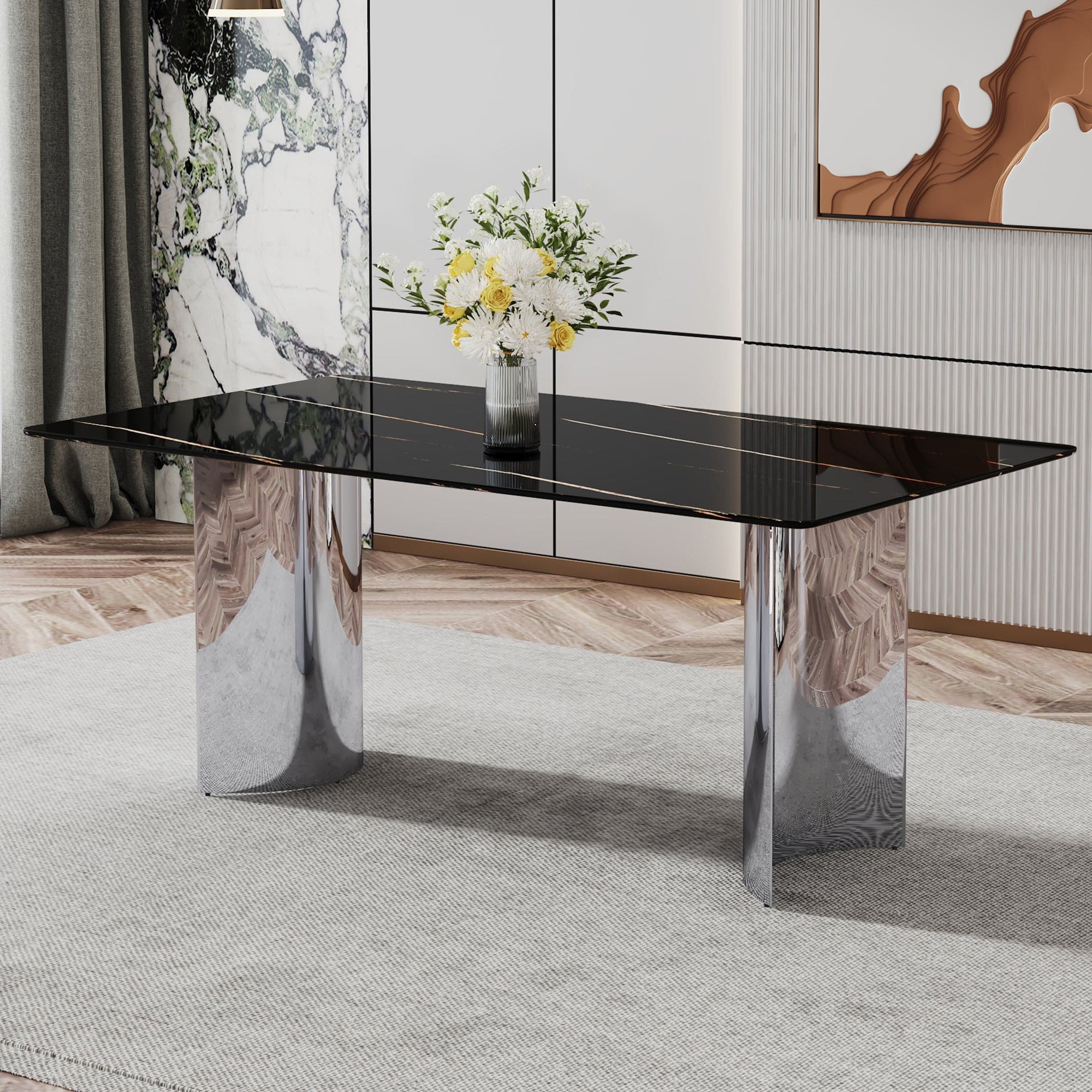 Modern minimalist dining table. The black imitation marble glass desktop is equipped with silver metal legs. Suitable for restaurants and living rooms 71 "* 39.3" * 29.5 "DT-69