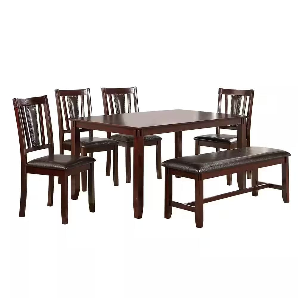 Dining Room Furniture Espresso Color 6pc Set Dining Table 4x Side Chairs and A Bench Solid wood Rubberwood and veneers