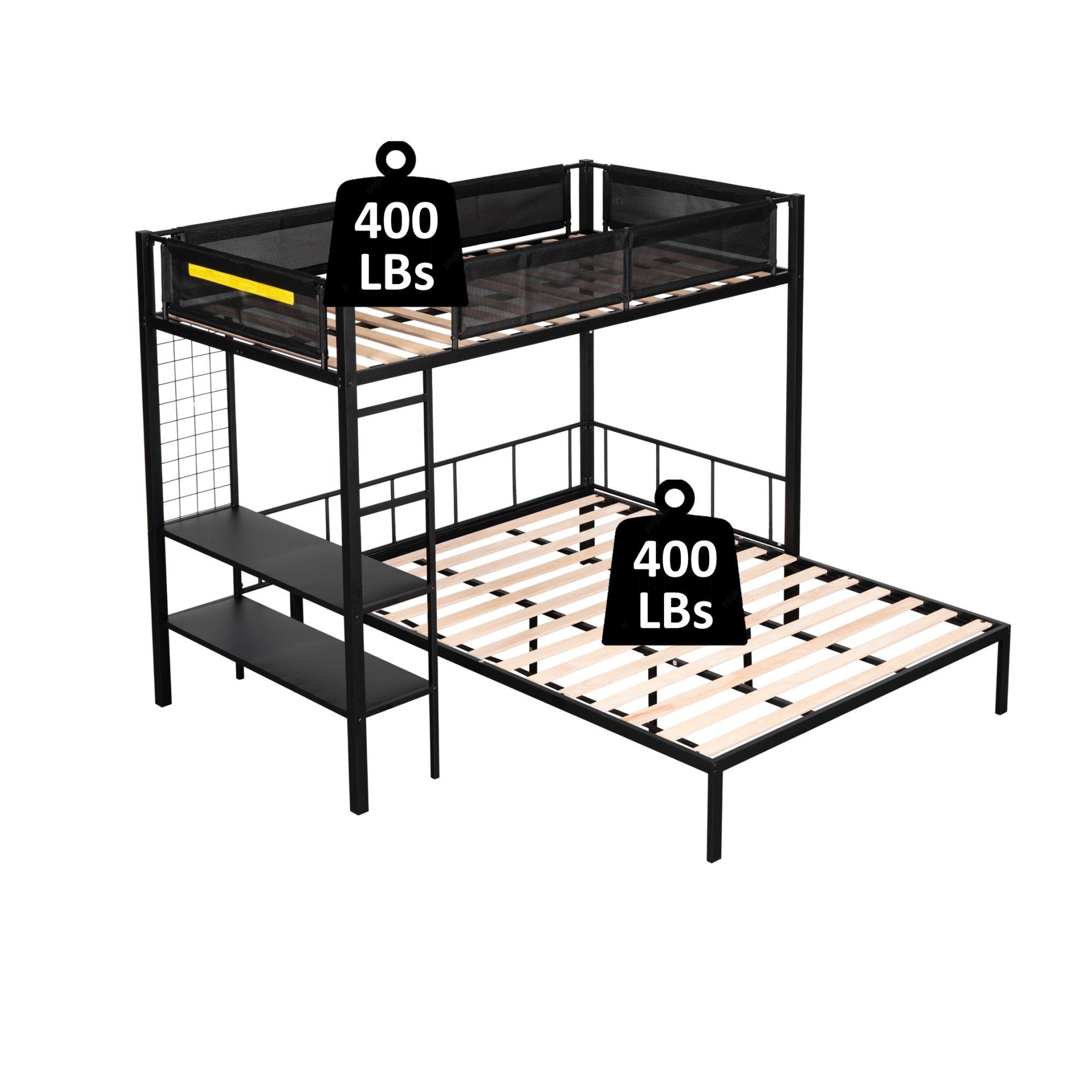 Metal Twin over Full Bunk with Shelves & Grid Panel/ Sturdy Metal Bed Frame/ Noise-free Wood Slats/ Comfortable Textilene Guardrail/ Built-in 2-tier Shelves & Grid Panel/ Separated Full size Bed