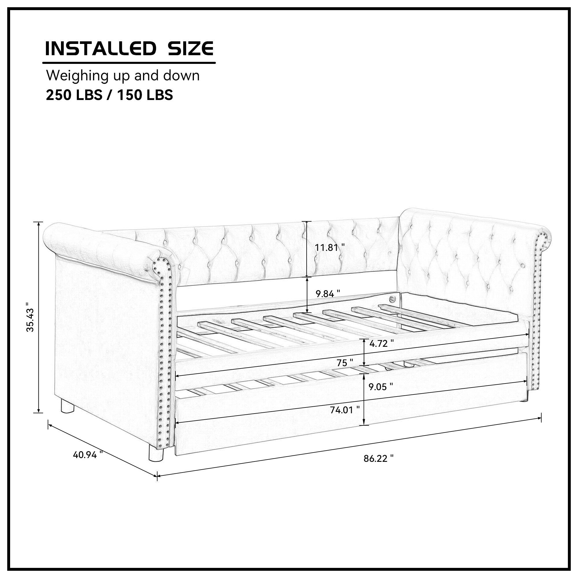 Daybed with Trundle Upholstered Tufted Sofa Bed, with Beautiful Round Armset Design, TWIN SIZE, Grey