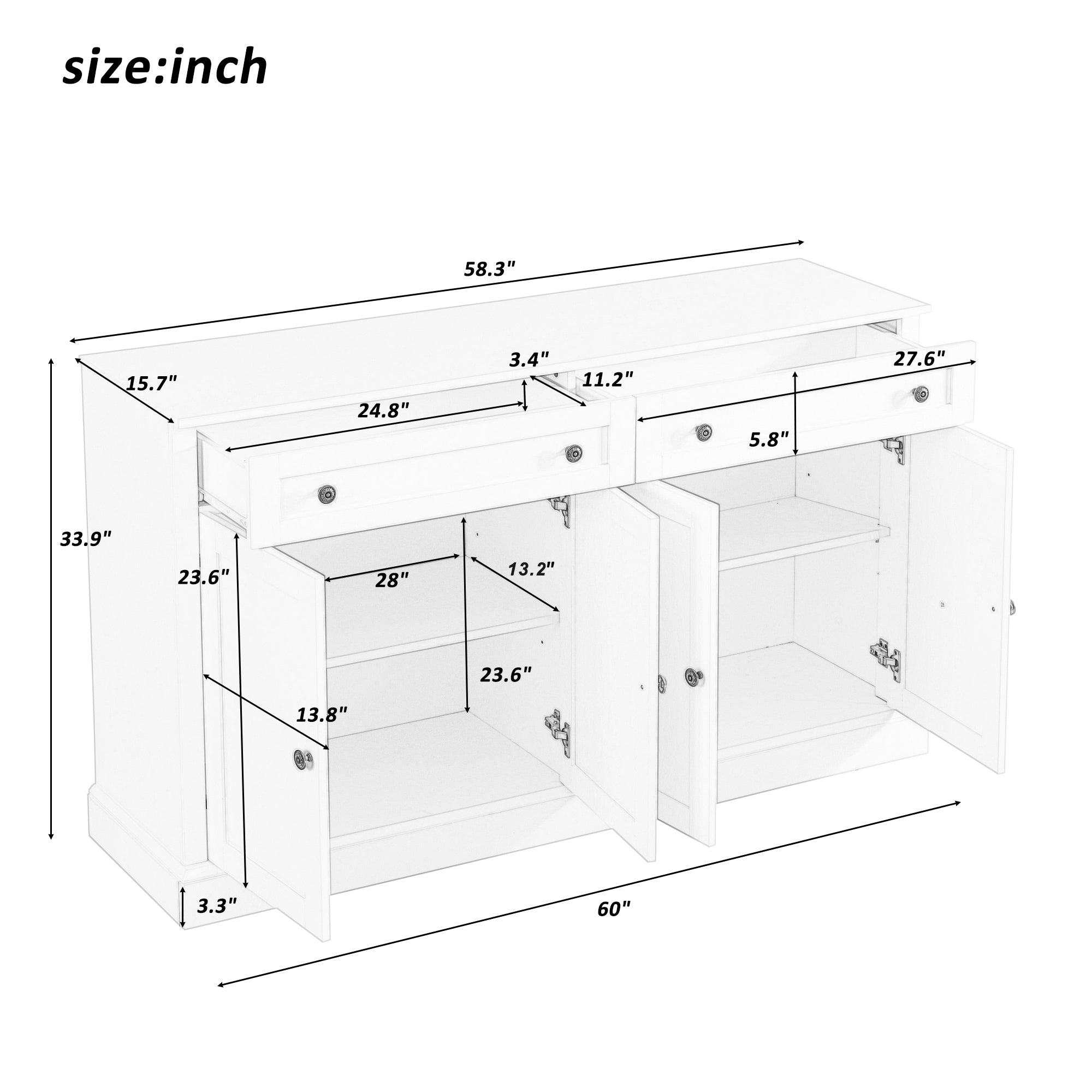 TREXM Kitchen Sideboard Storage Buffet Cabinet with 2 Drawers & 4 Doors Adjustable Shelves for Dining Room, Living Room (White)