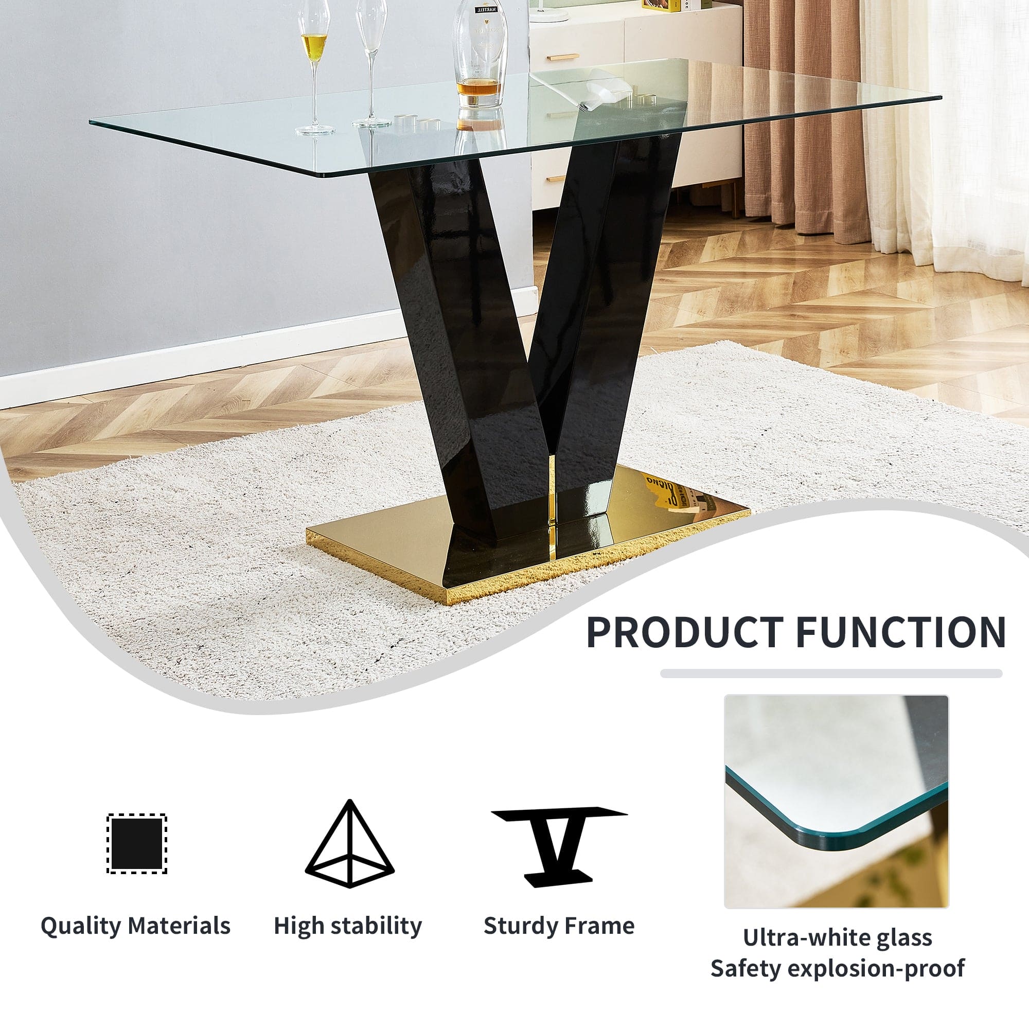 Large Modern Minimalist Rectangular Glass Dining Table for 6-8 with 0.4" Tempered Glass Tabletop and MDF slab V-Shaped Bracket,For Kitchen Dining Living Meeting Room Banquet Hall  F-V