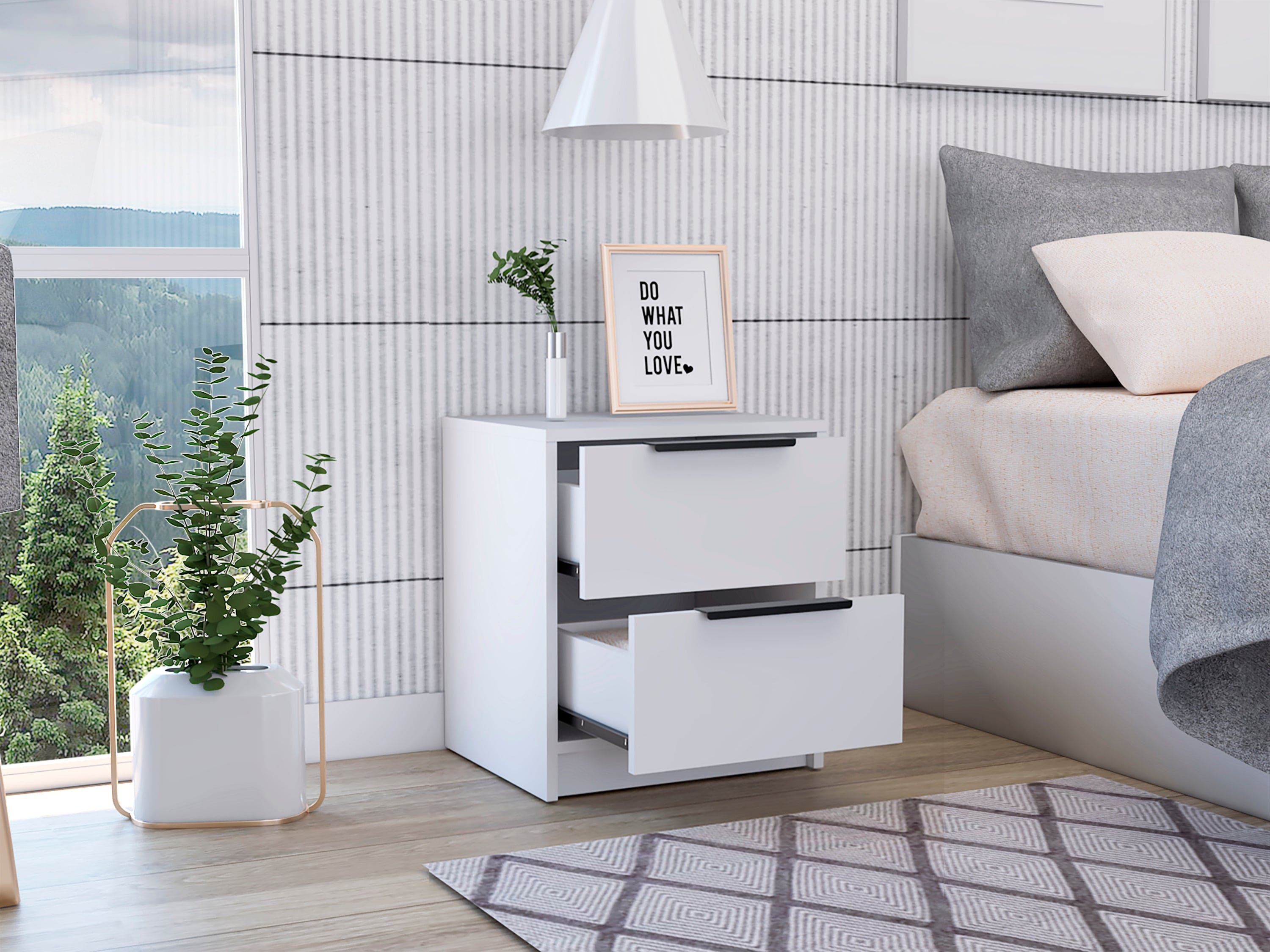 Kaia Nightstand, Two Drawers, Metal Handle -White