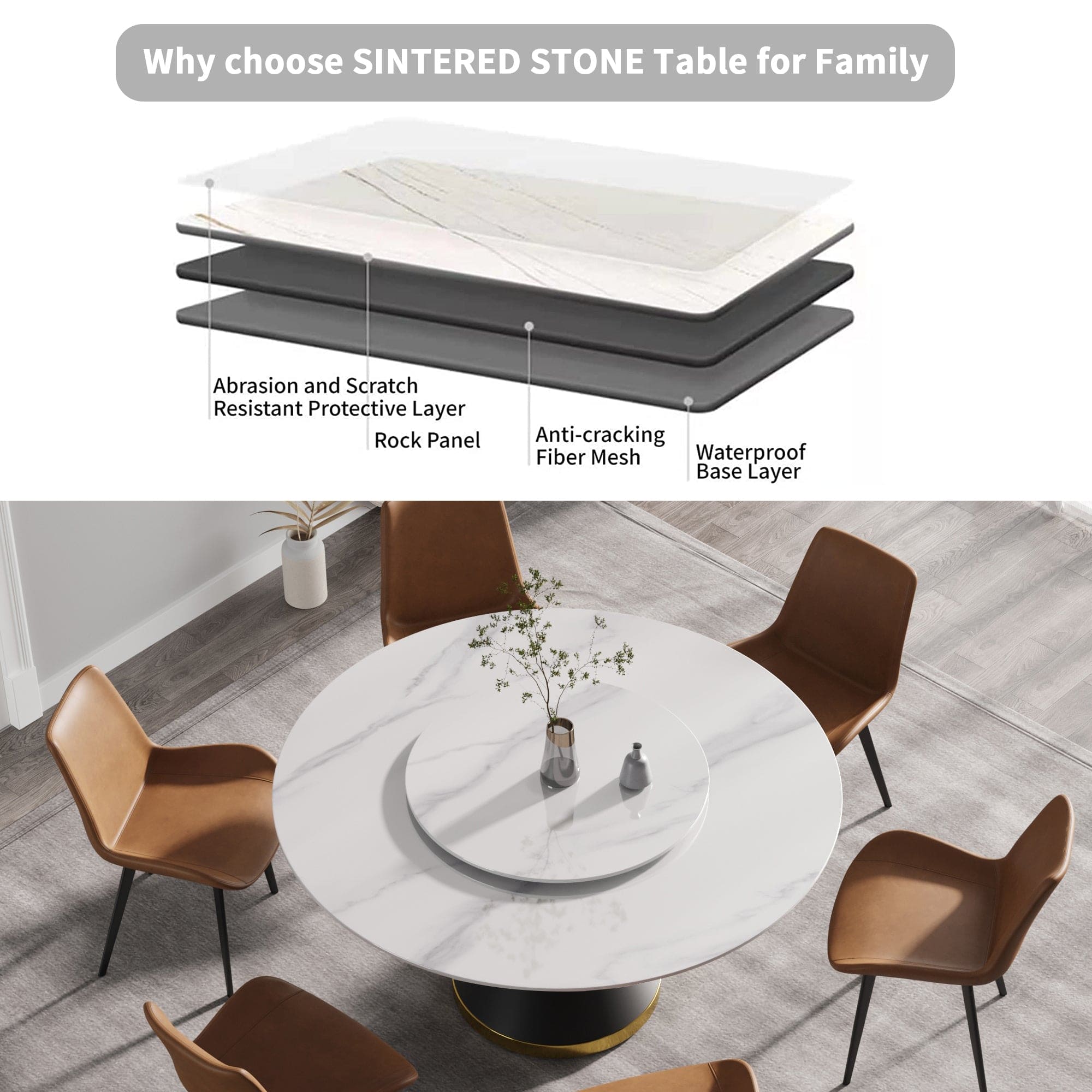 59.05"Modern artificial stone round black carbon steel base dining table-can accommodate 6 people-31.5"white artificial stone turntable