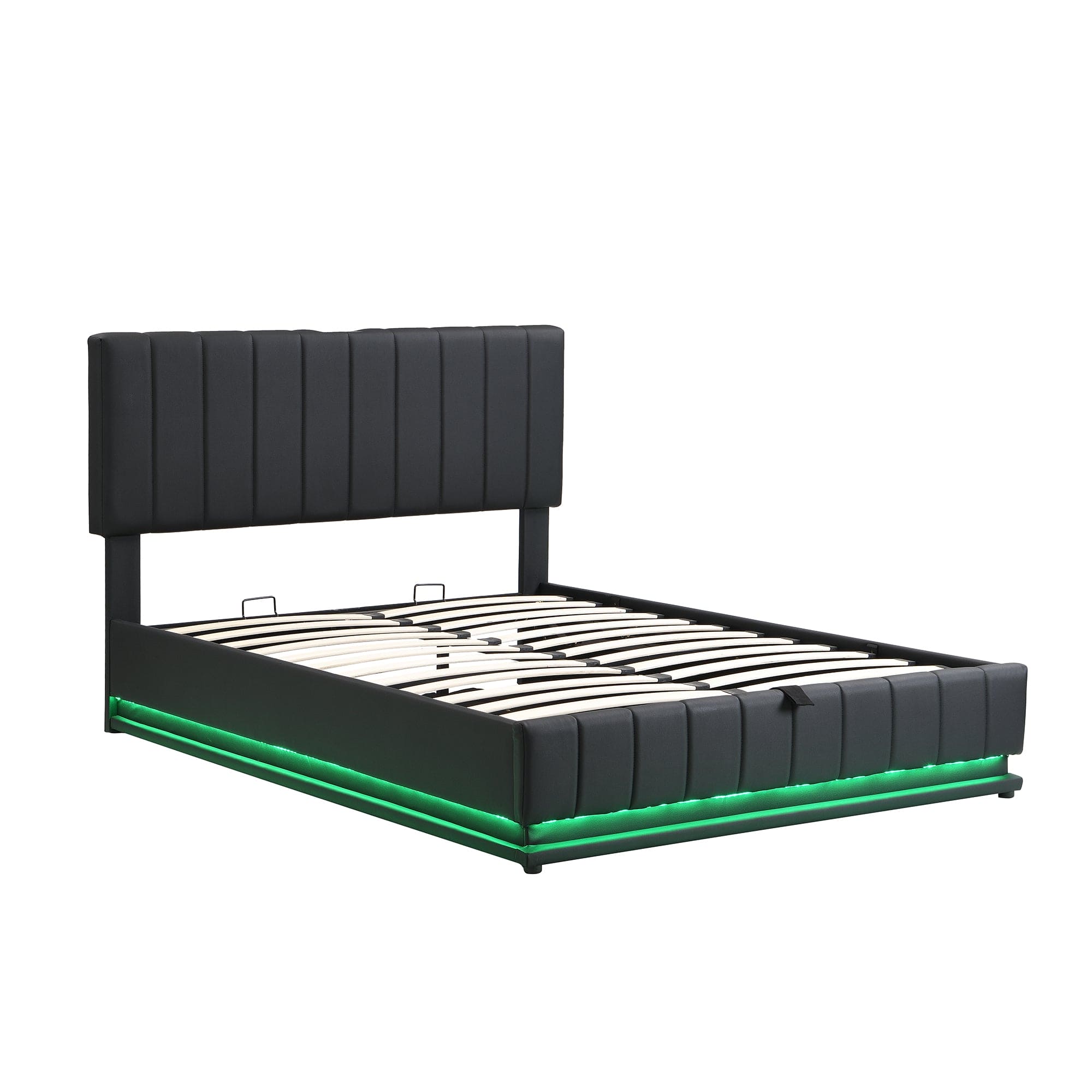 Full Size Upholstered Bed with Hydraulic Storage System and LED Light, Modern Platform Bed with Sockets and USB Ports, Black