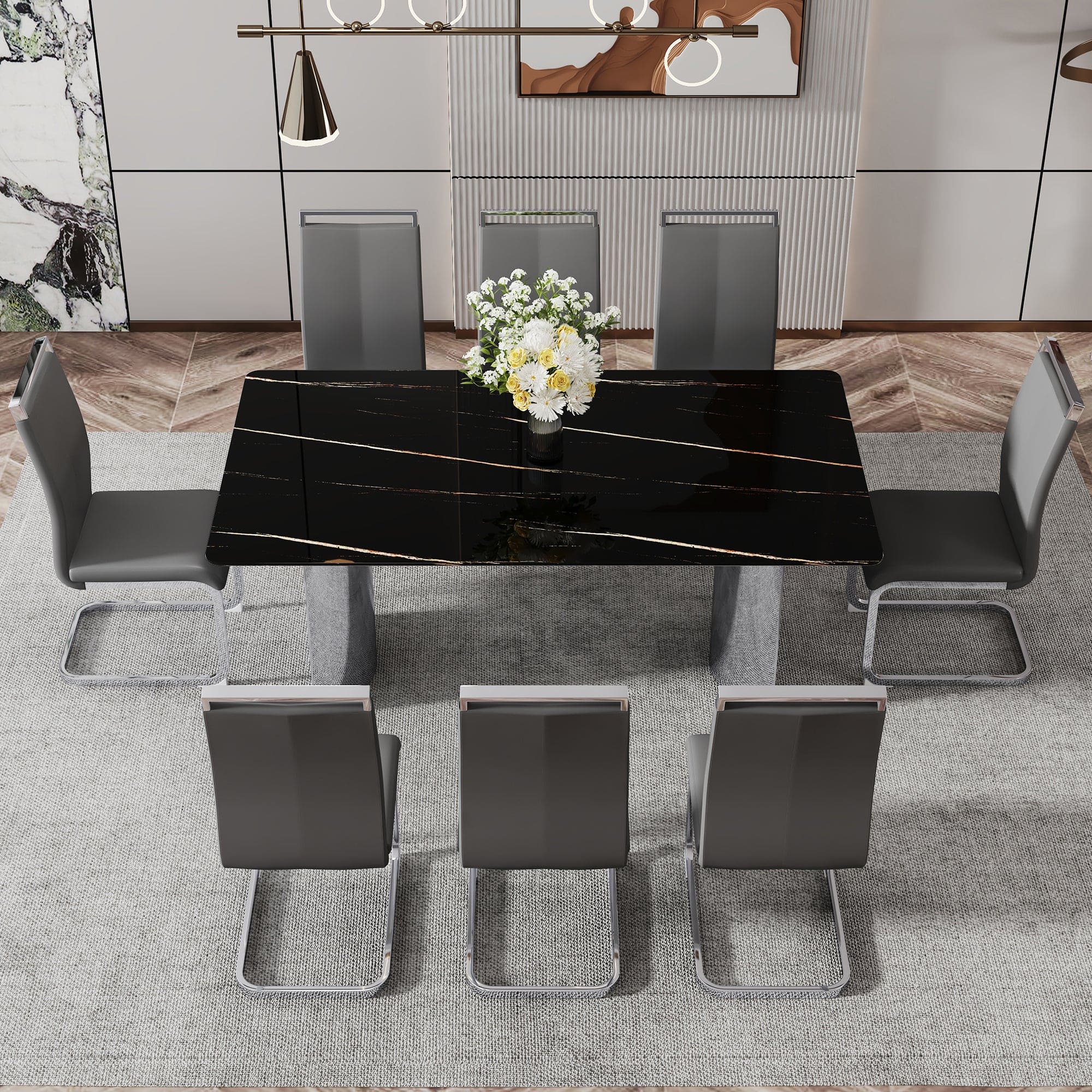 Modern minimalist dining table. The black imitation marble glass desktop is equipped with silver metal legs. Suitable for restaurants and living rooms 71 "* 39.3" * 29.5 "DT-69