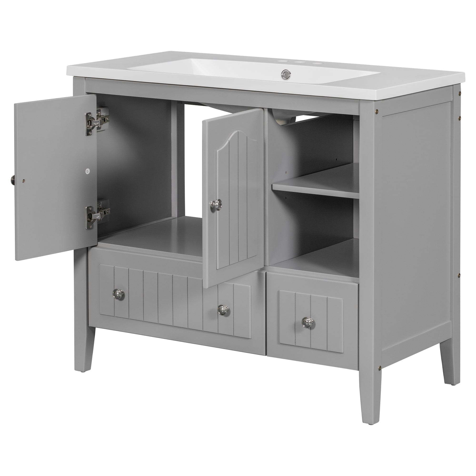 [VIDEO] 36" Bathroom Vanity with Ceramic Basin, Bathroom Storage Cabinet with Two Doors and Drawers, Solid Frame, Metal Handles, Grey (OLD SKU: JL000003AAE)