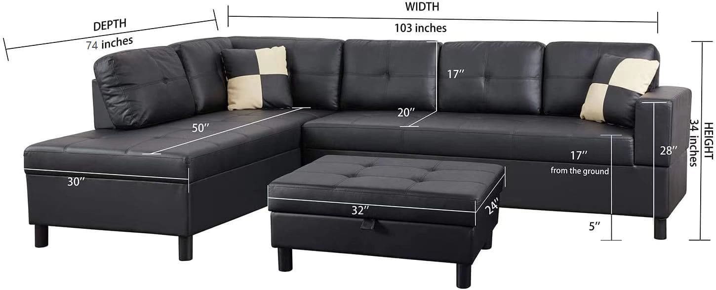 3 PC Sectional Sofa Set, (Black) Faux Leather left-Facing Sofa with Free Storage Ottoman